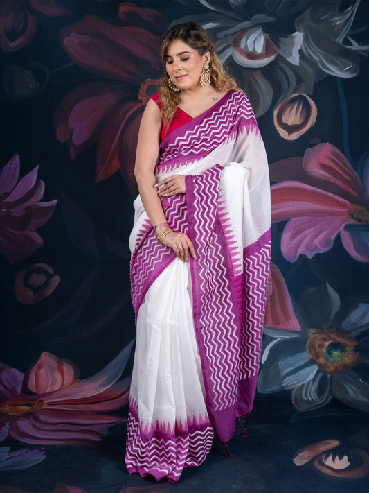 White and Purple Chanderi Cotton Saree