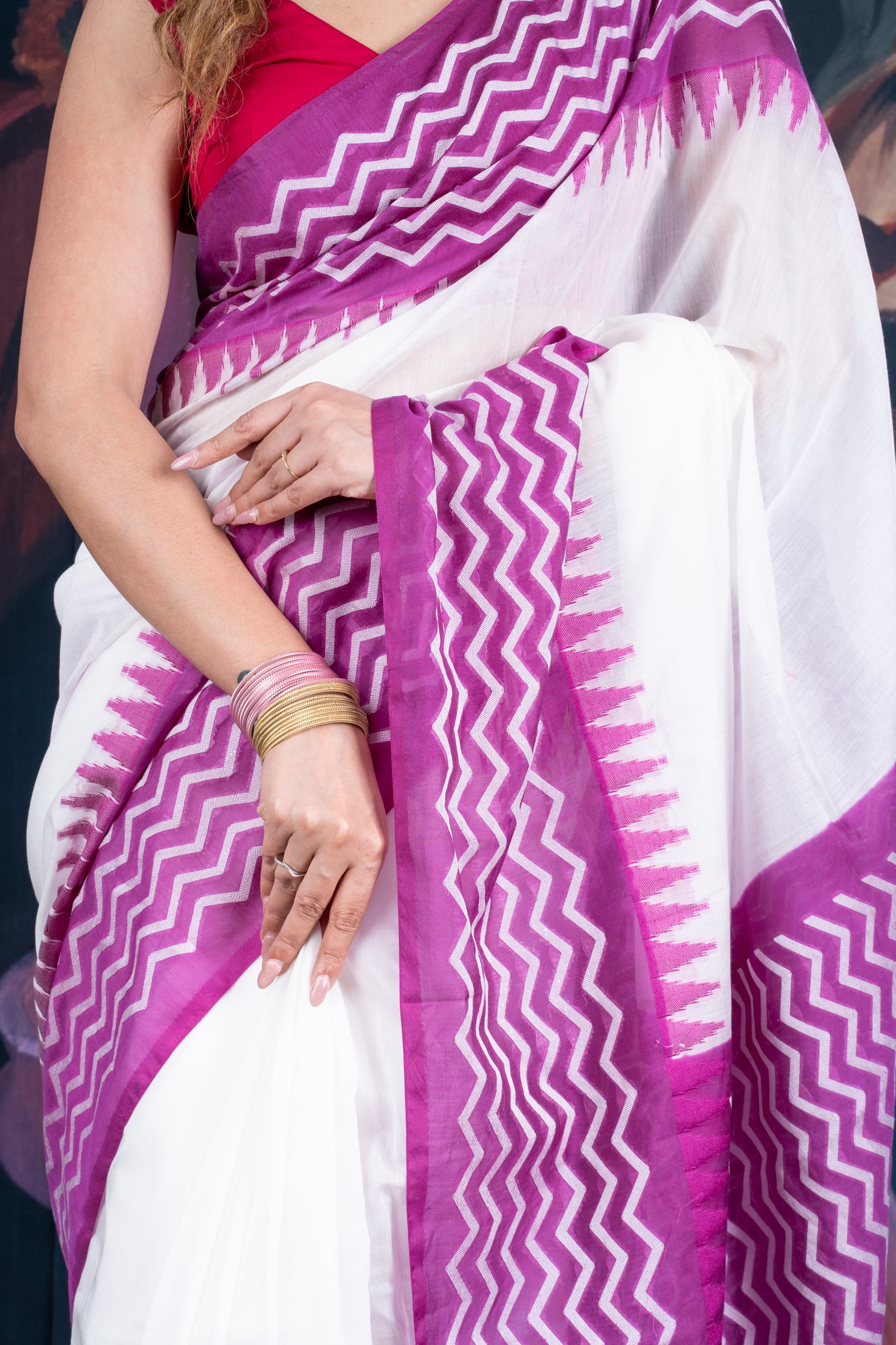 White and Purple Chanderi Cotton Saree with Contrast Pallu and Temple Border