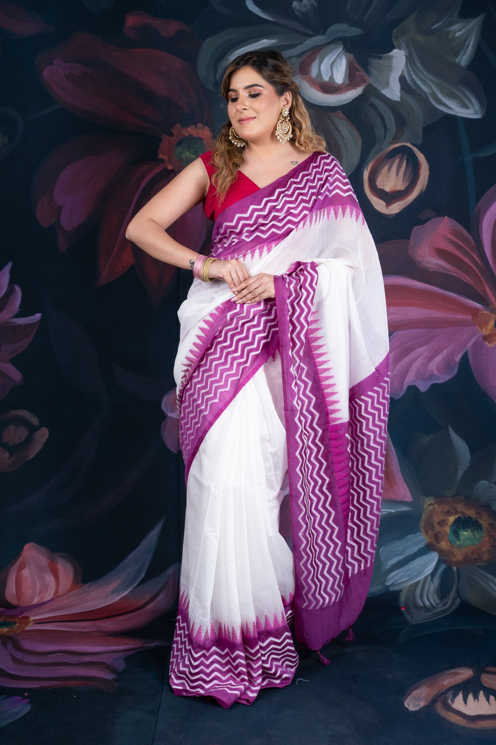 White and Purple Chanderi Cotton Saree with Contrast Pallu and Temple Border