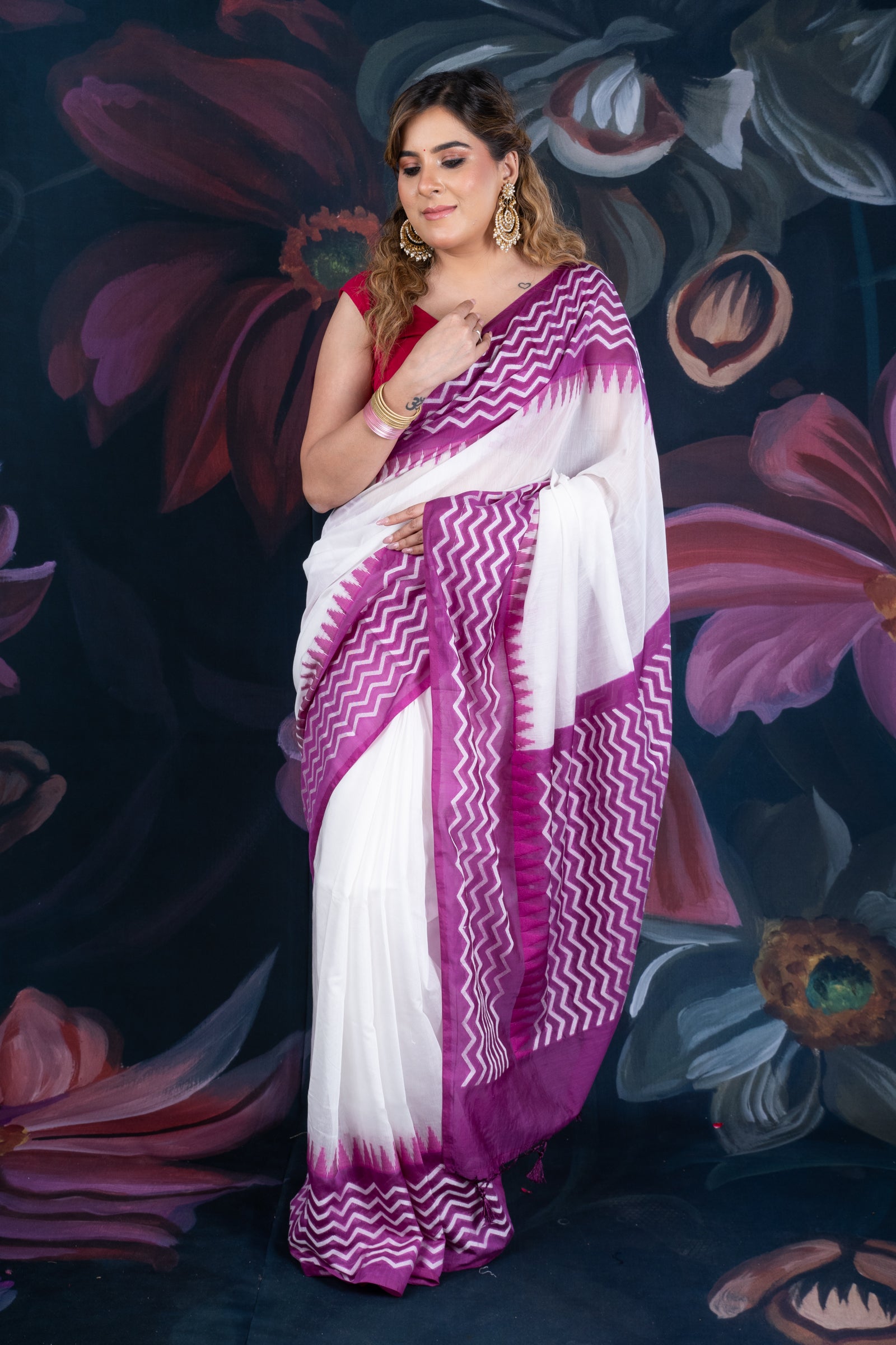 White and Purple Chanderi Cotton Saree with Contrast Pallu and Temple Border