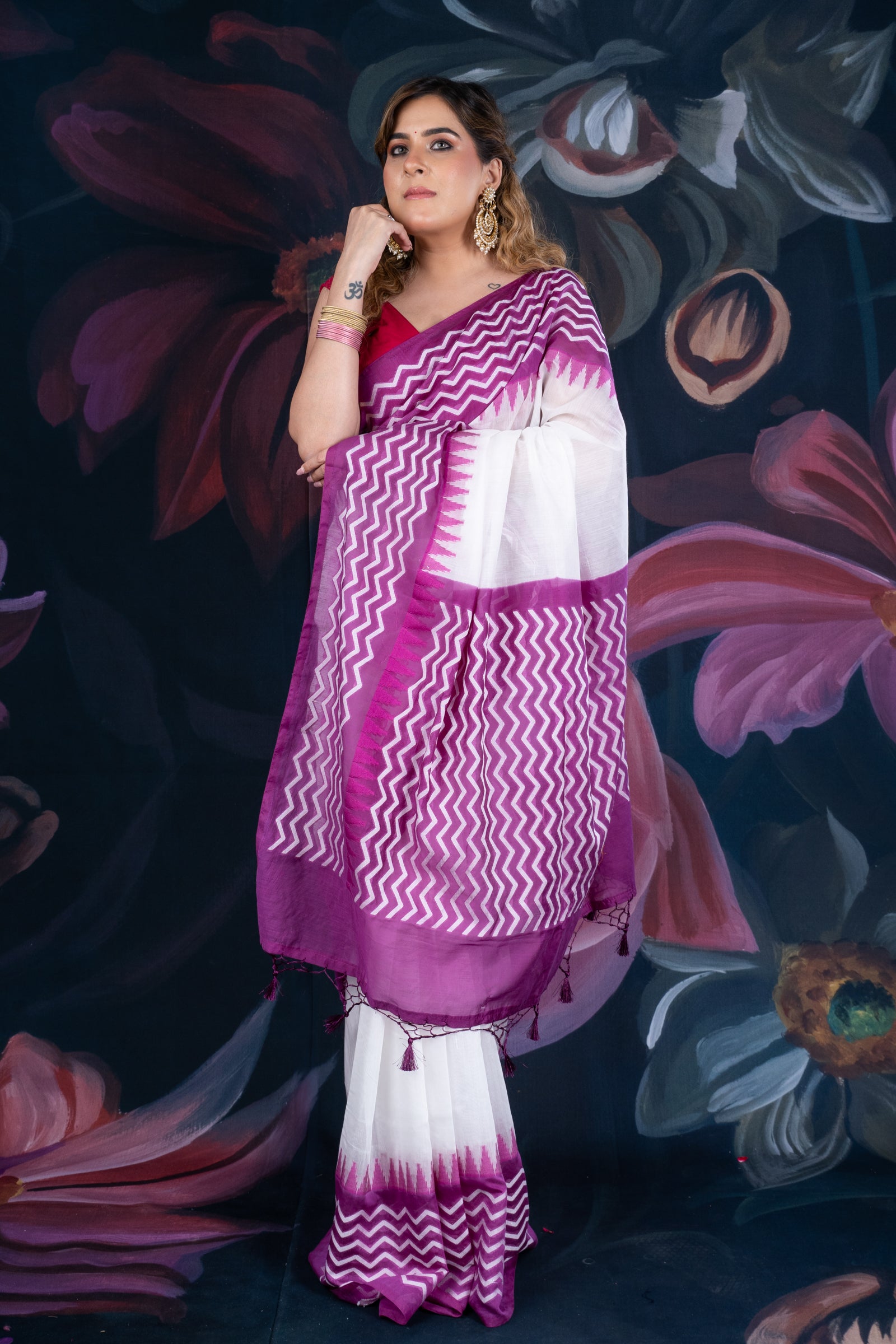 White and Purple Chanderi Cotton Saree with Contrast Pallu and Temple Border