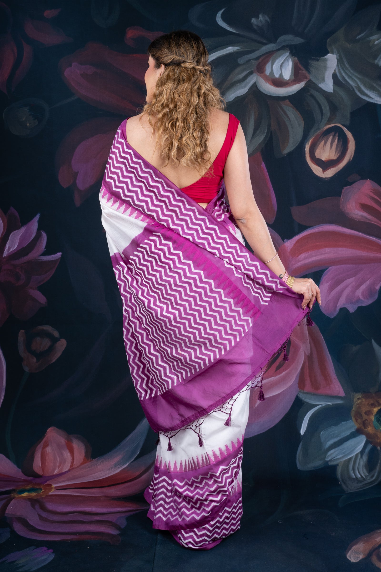 White and Purple Chanderi Cotton Saree with Contrast Pallu and Temple Border