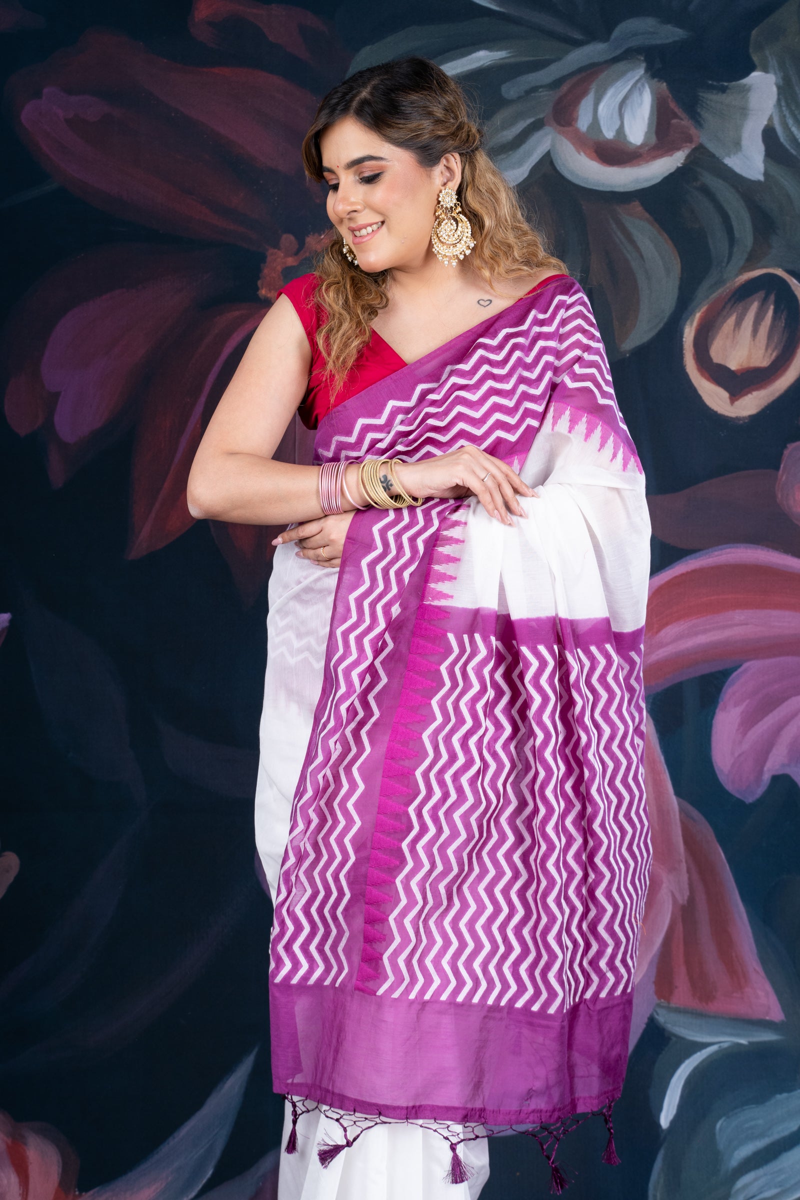 White and Purple Chanderi Cotton Saree with Contrast Pallu and Temple Border