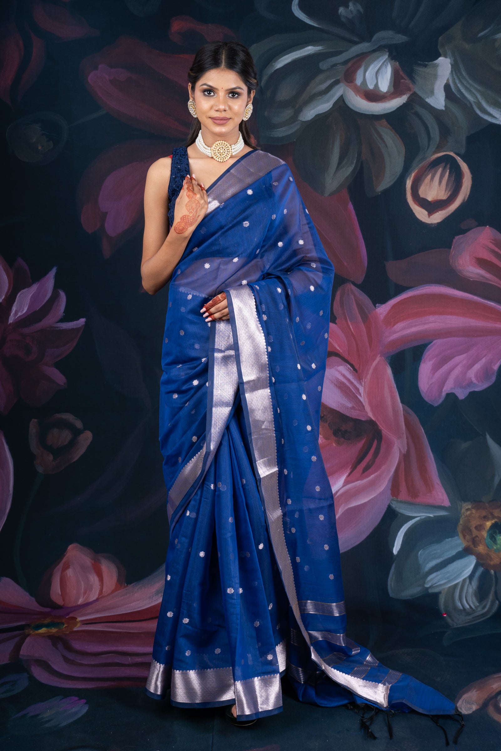 Teal Blue Chanderi Silk Saree with Banarasi Zari Booti and Border