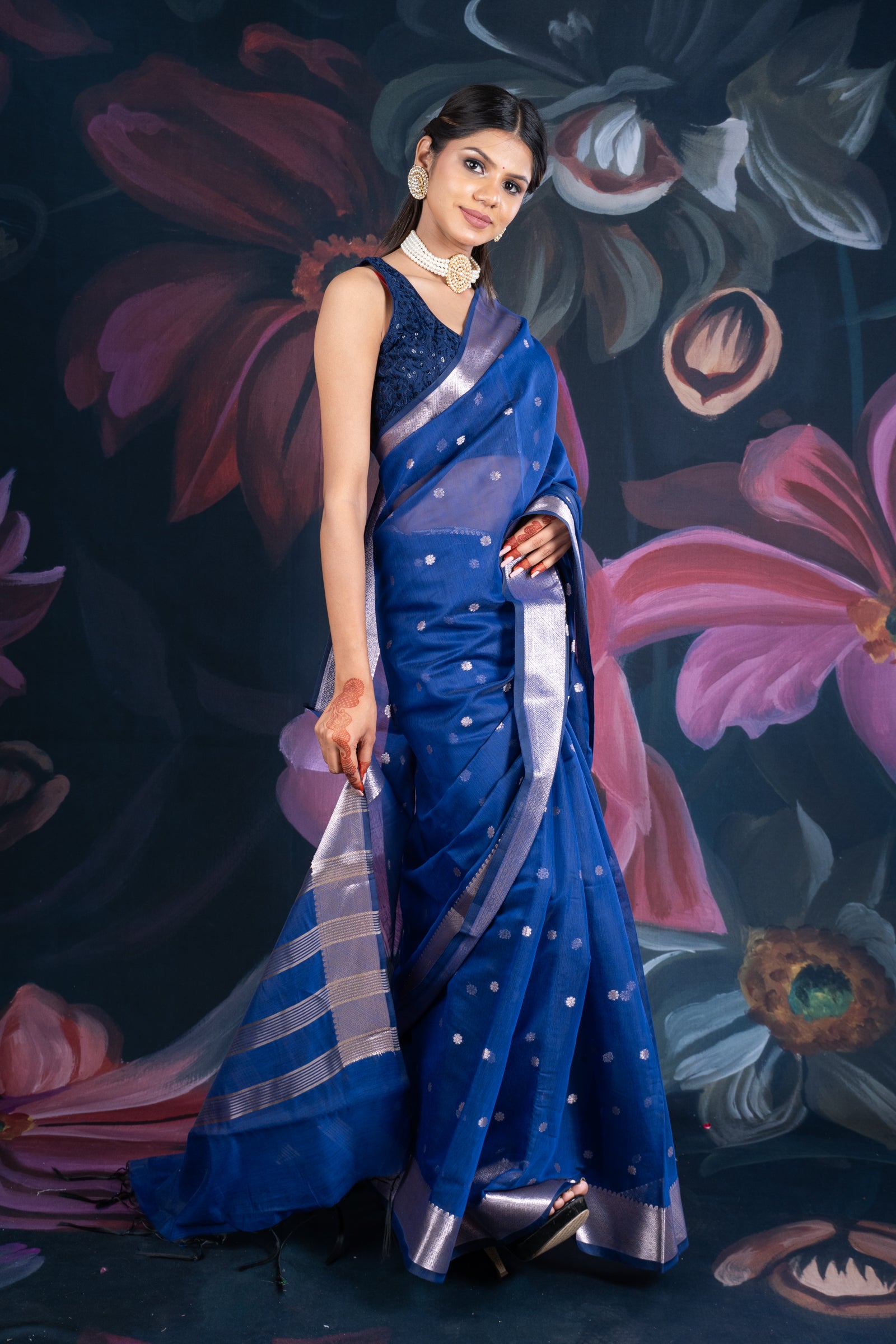 Teal Blue Chanderi Silk Saree with Banarasi Zari Booti and Border