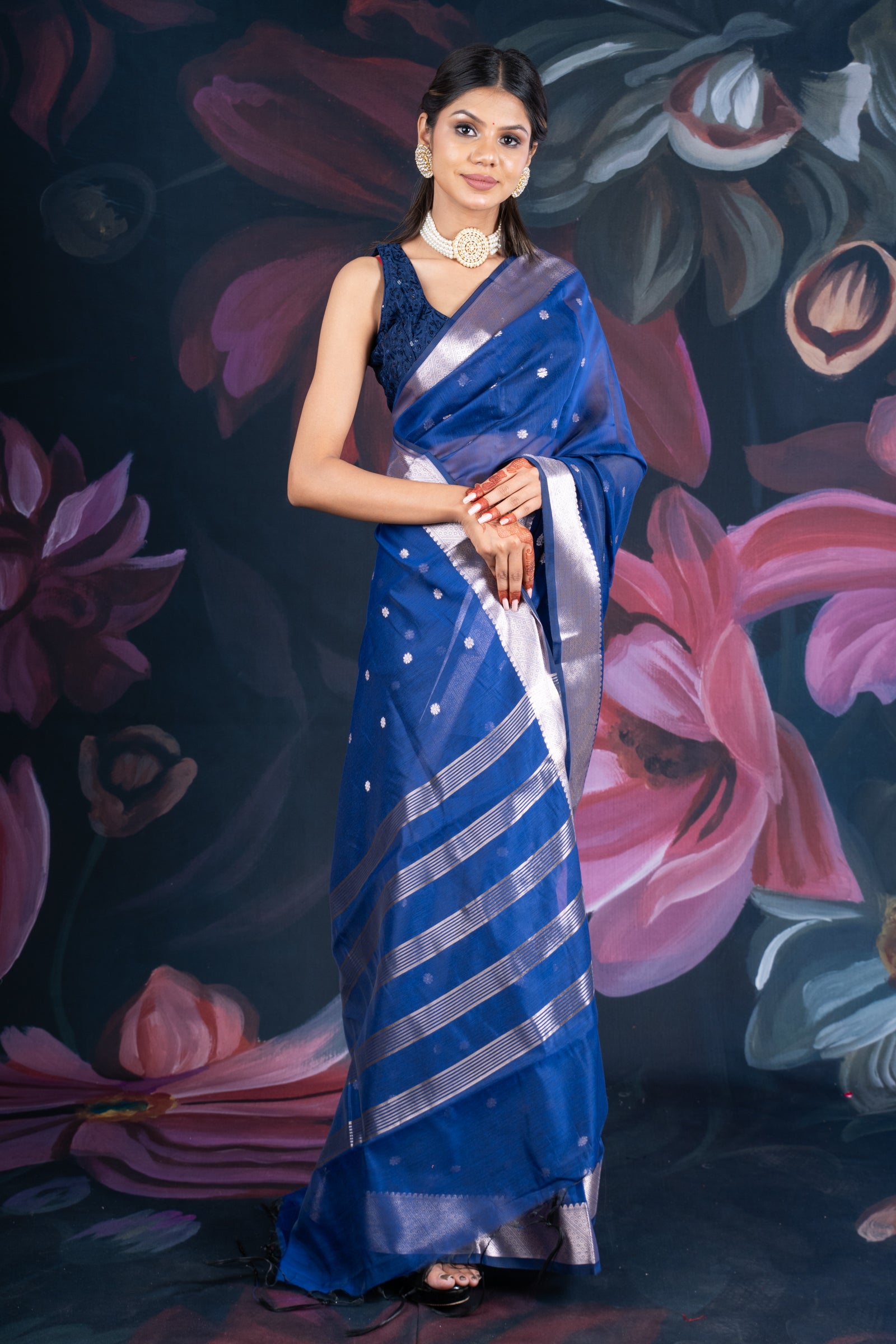 Teal Blue Chanderi Silk Saree with Banarasi Zari Booti and Border