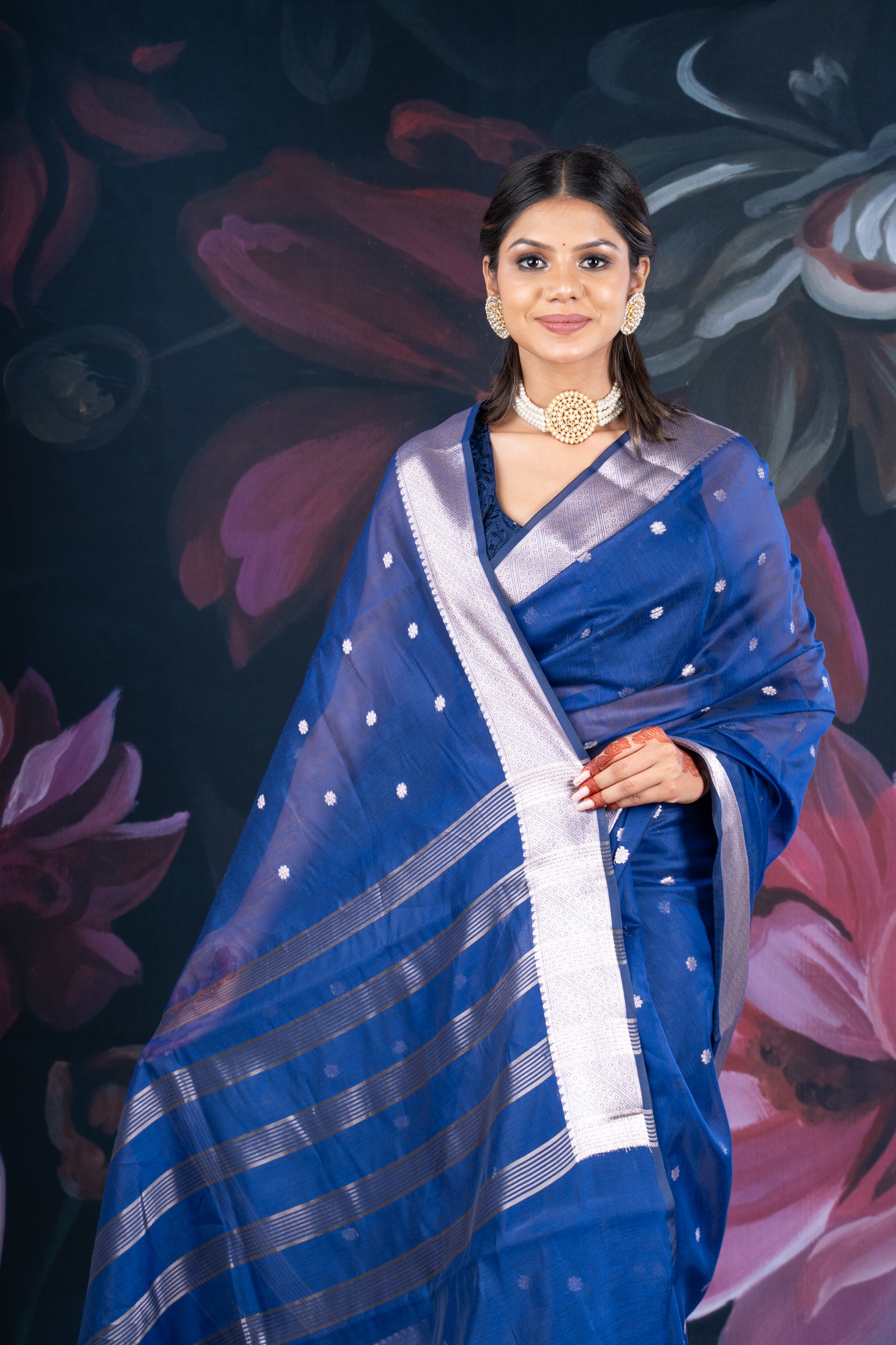 Teal Blue Chanderi Silk Saree with Banarasi Zari Booti and Border