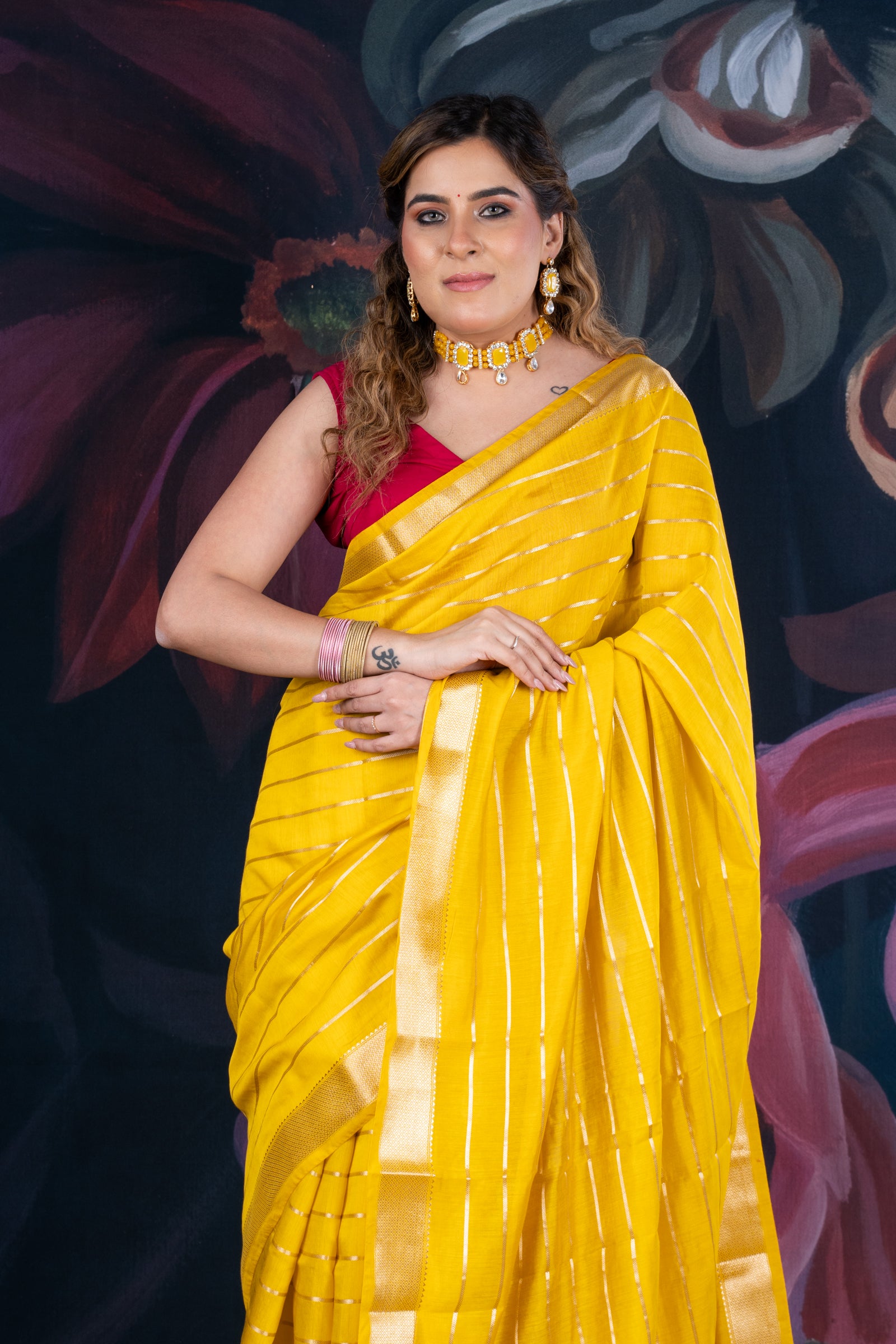 Sunflower Yellow Assam Silk Saree with Zari Woven Lines and Chit Pallu