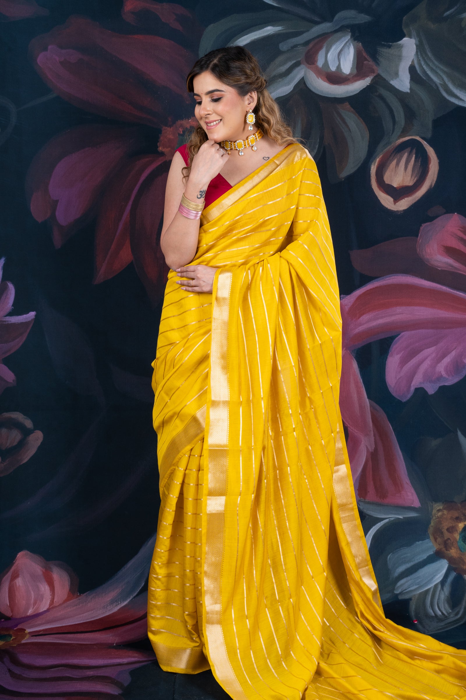 Sunflower Yellow Assam Silk Saree with Zari Woven Lines and Chit Pallu