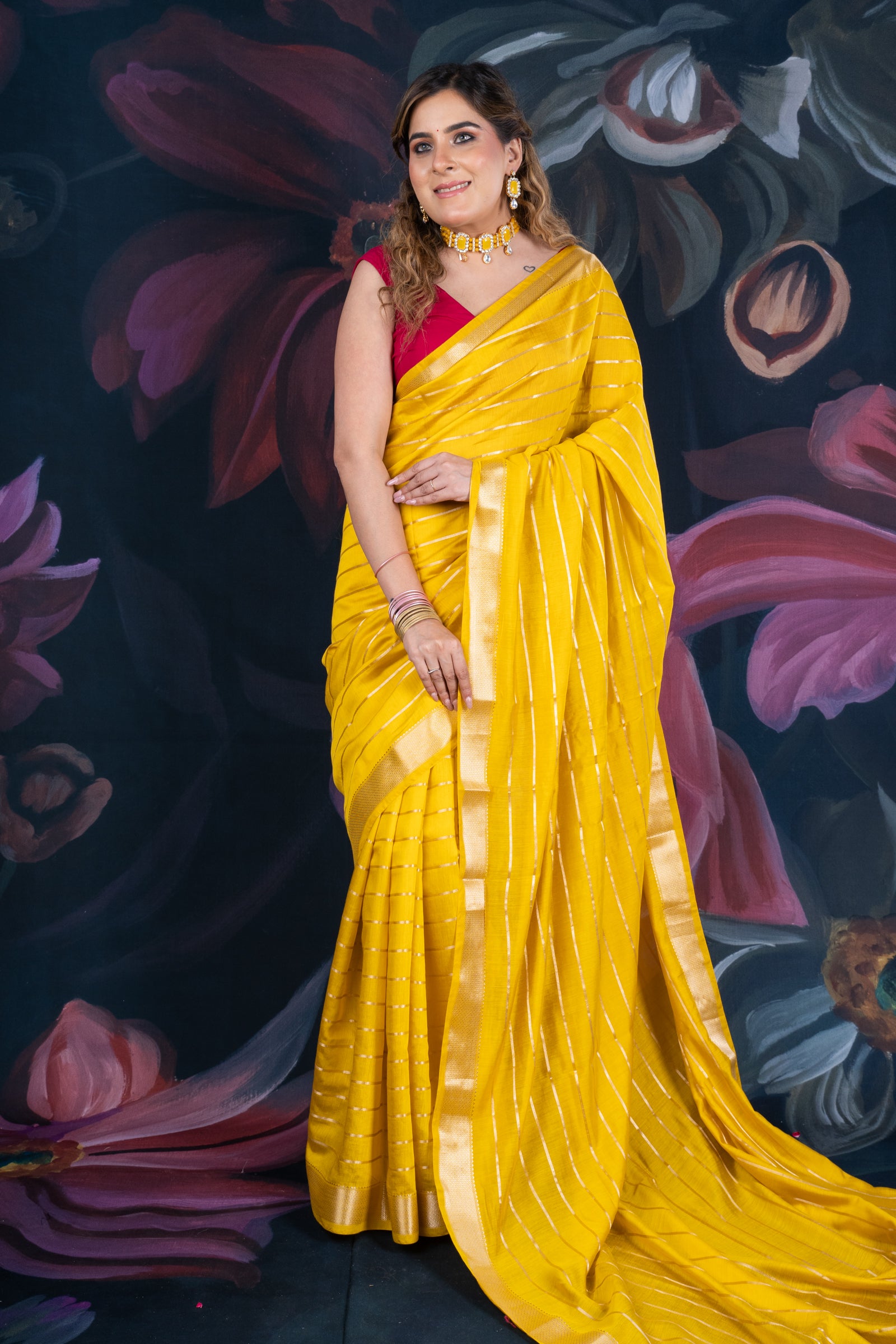 Sunflower Yellow Assam Silk Saree with Zari Woven Lines and Chit Pallu