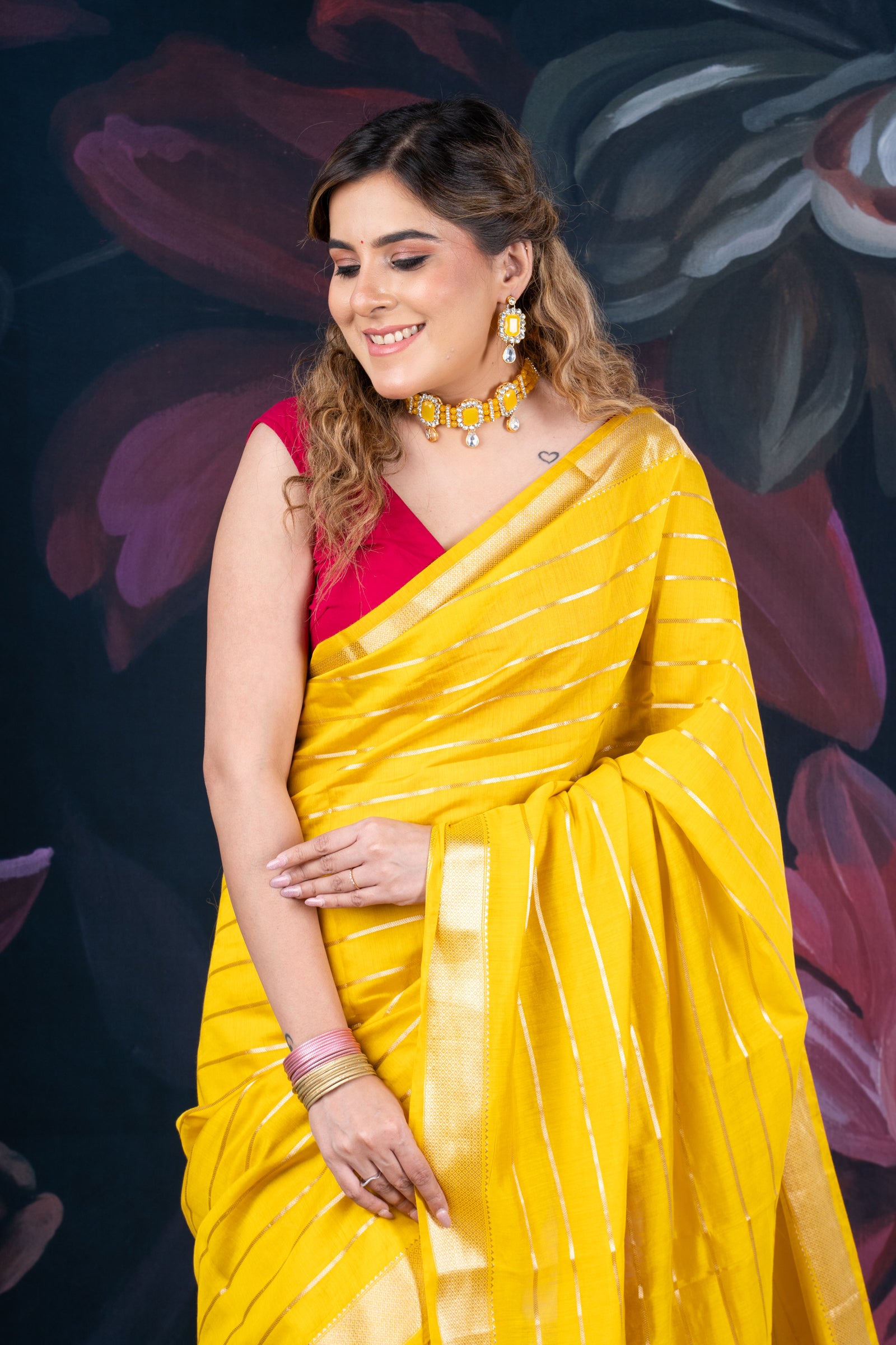 Sunflower Yellow Assam Silk Saree with Zari Woven Lines and Chit Pallu