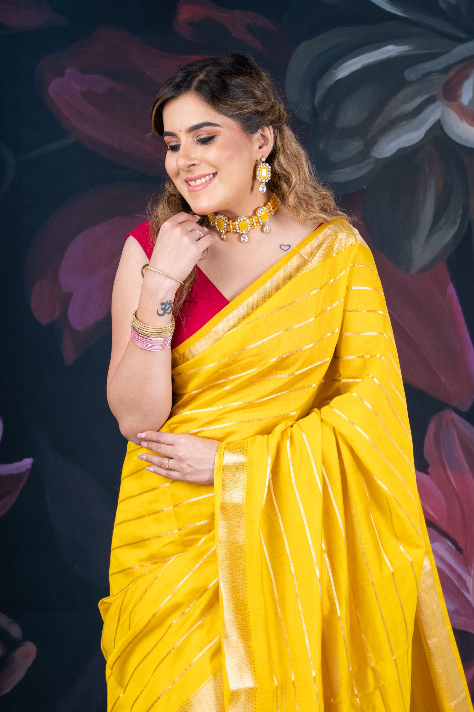 Sunflower Yellow Assam Silk Saree with Zari Woven Lines and Chit Pallu