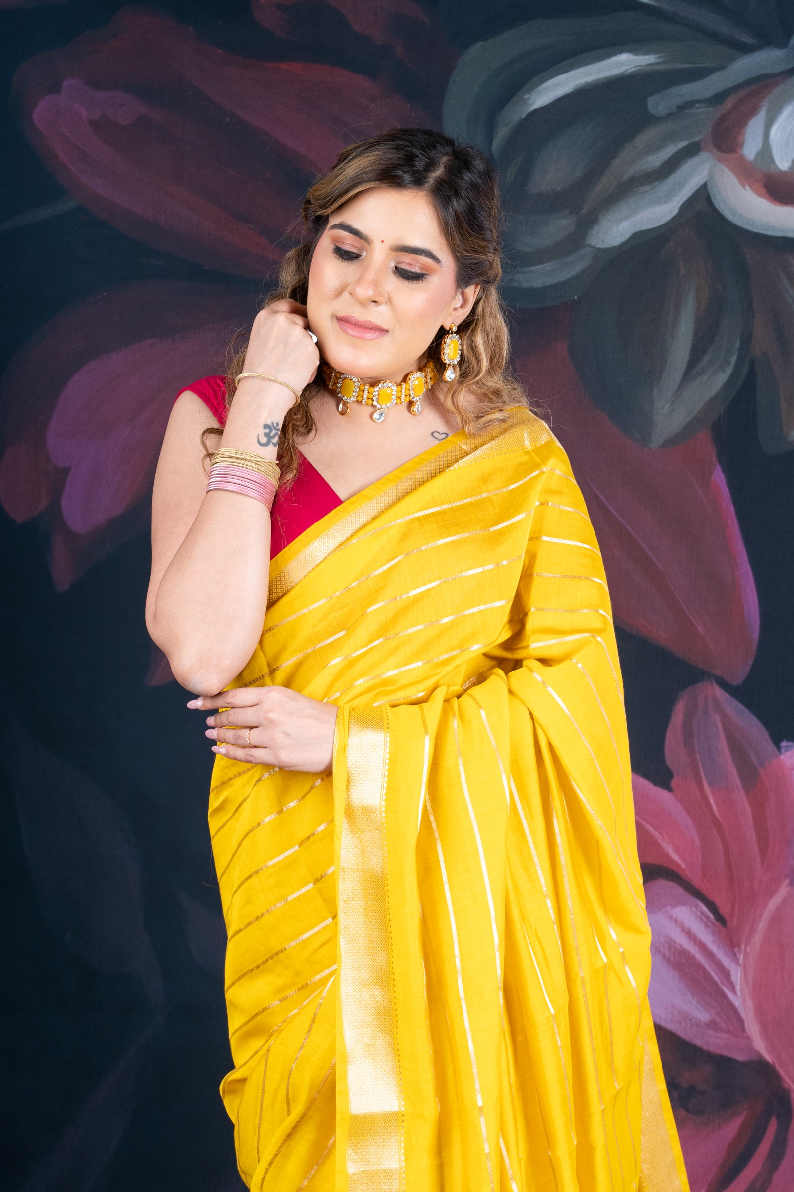 Sunflower Yellow Assam Silk Saree with Zari Woven Lines and Chit Pallu