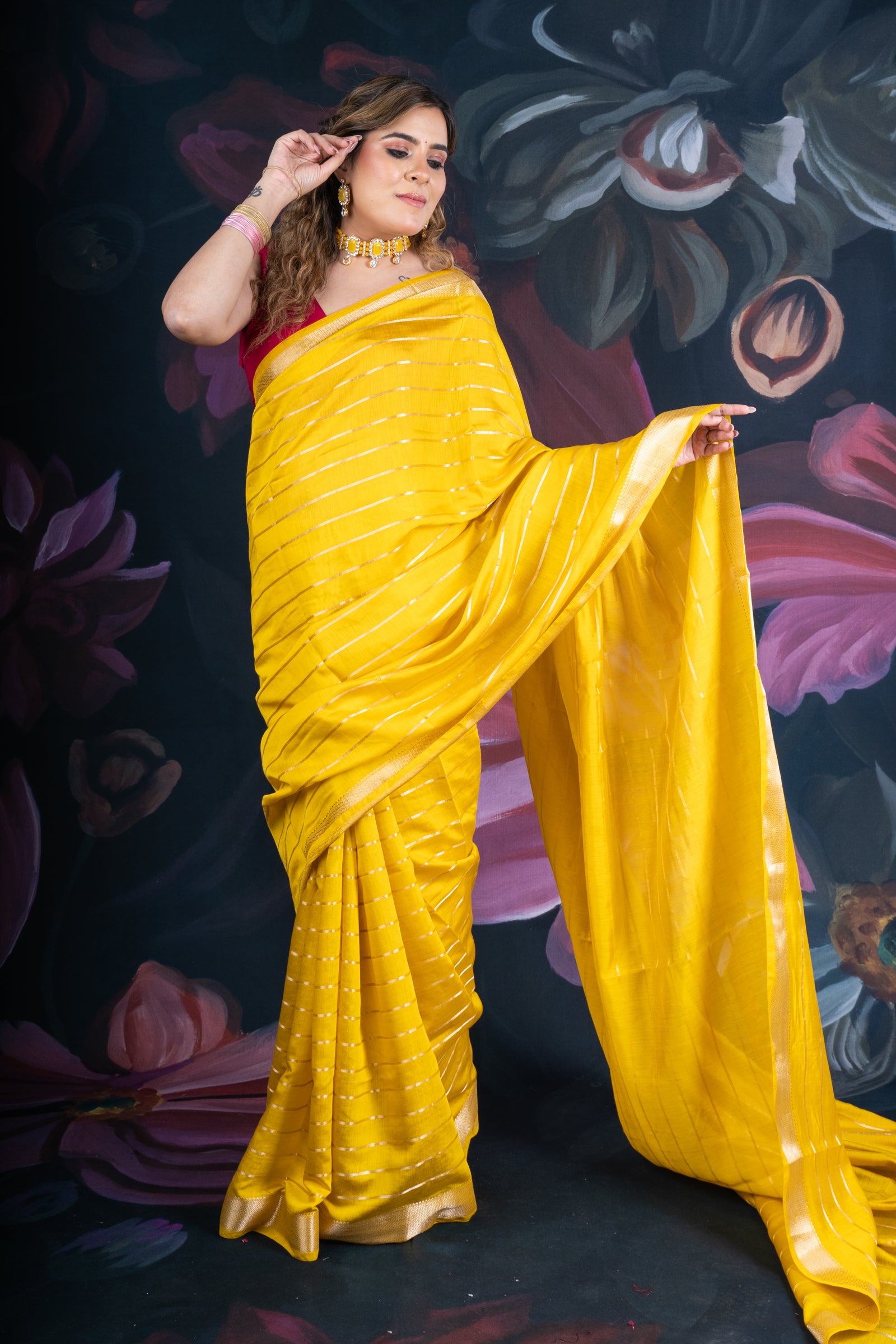 Sunflower Yellow Assam Silk Saree with Zari Woven Lines and Chit Pallu