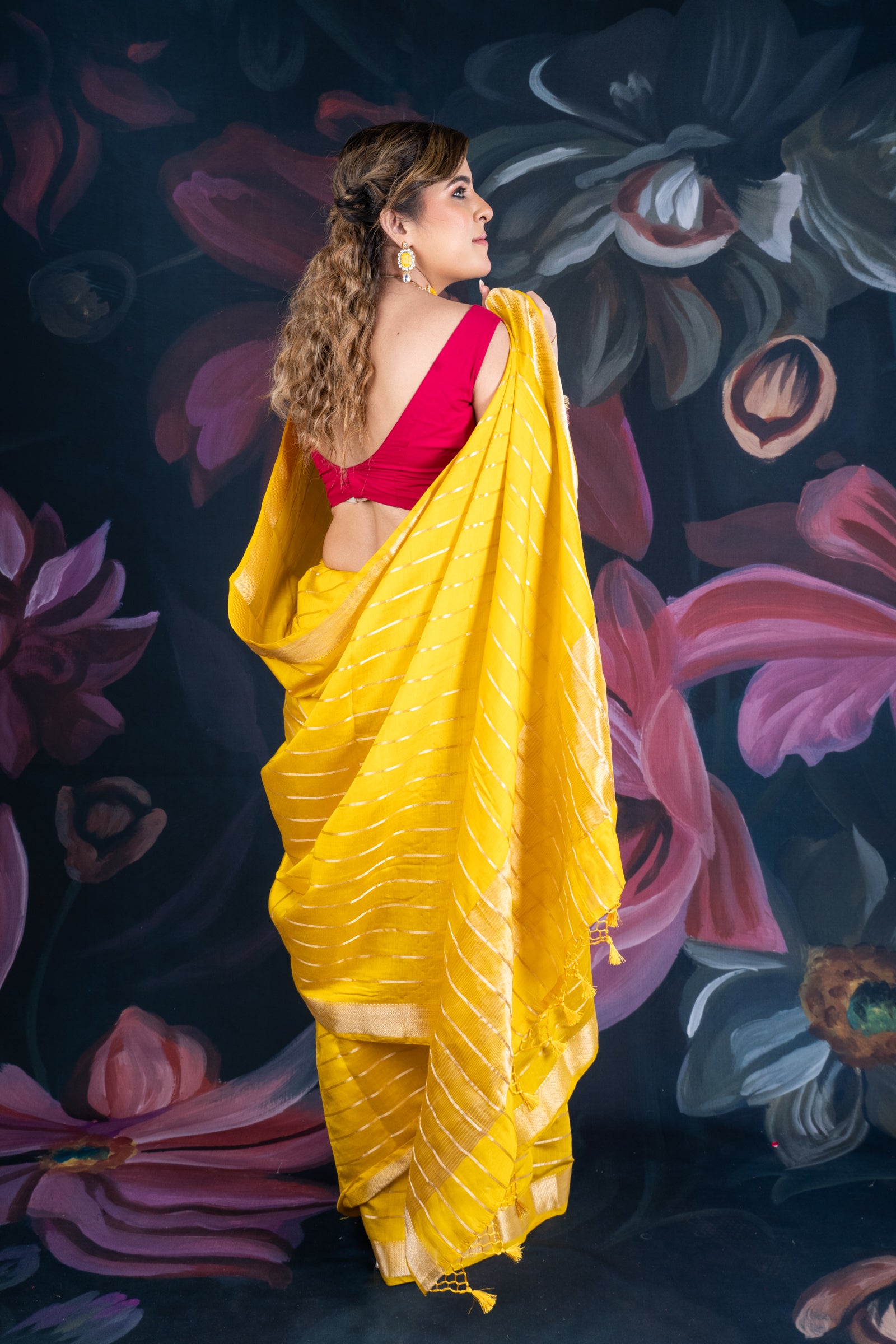 Sunflower Yellow Assam Silk Saree with Zari Woven Lines and Chit Pallu