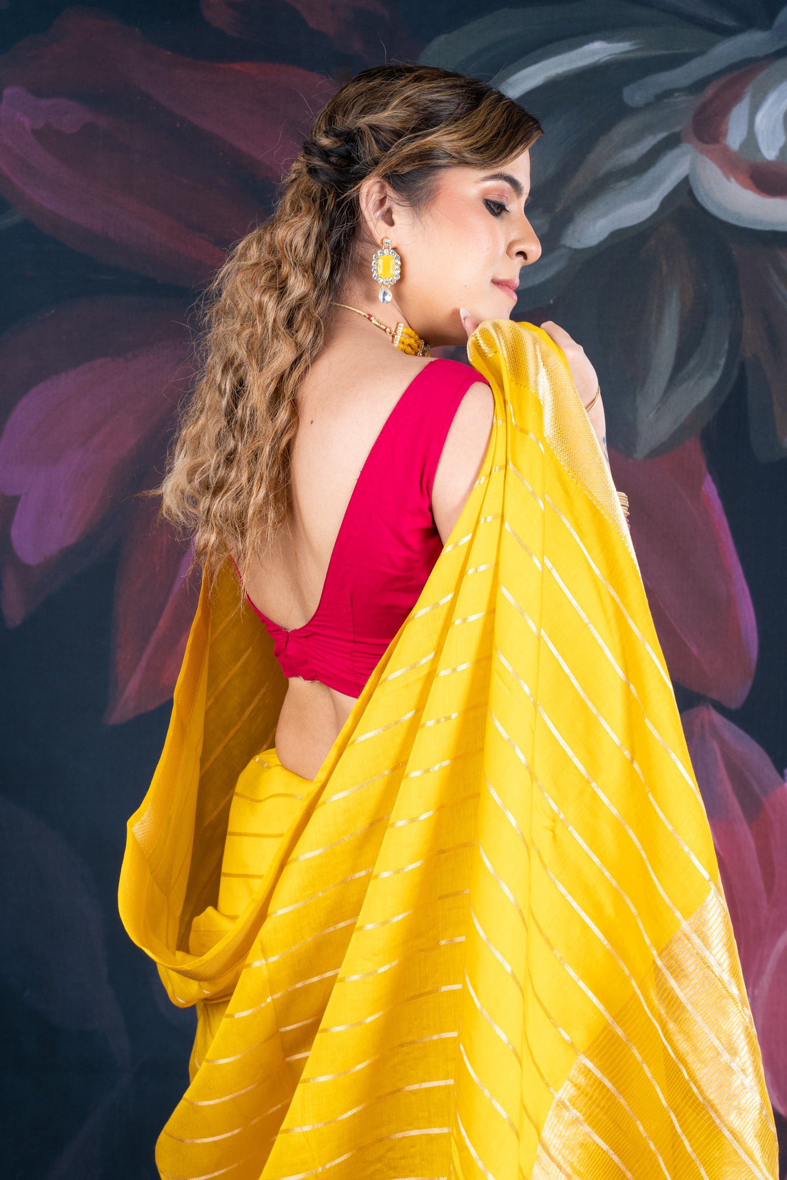 Sunflower Yellow Assam Silk Saree with Zari Woven Lines and Chit Pallu