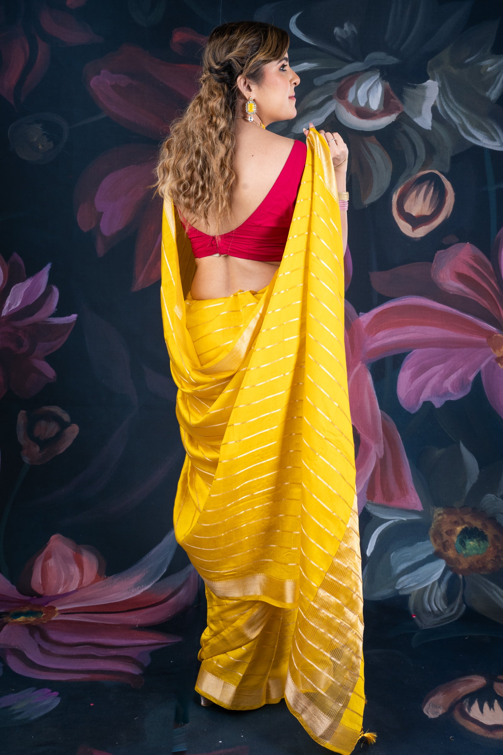 Sunflower Yellow Assam Silk Saree with Zari Woven Lines and Chit Pallu