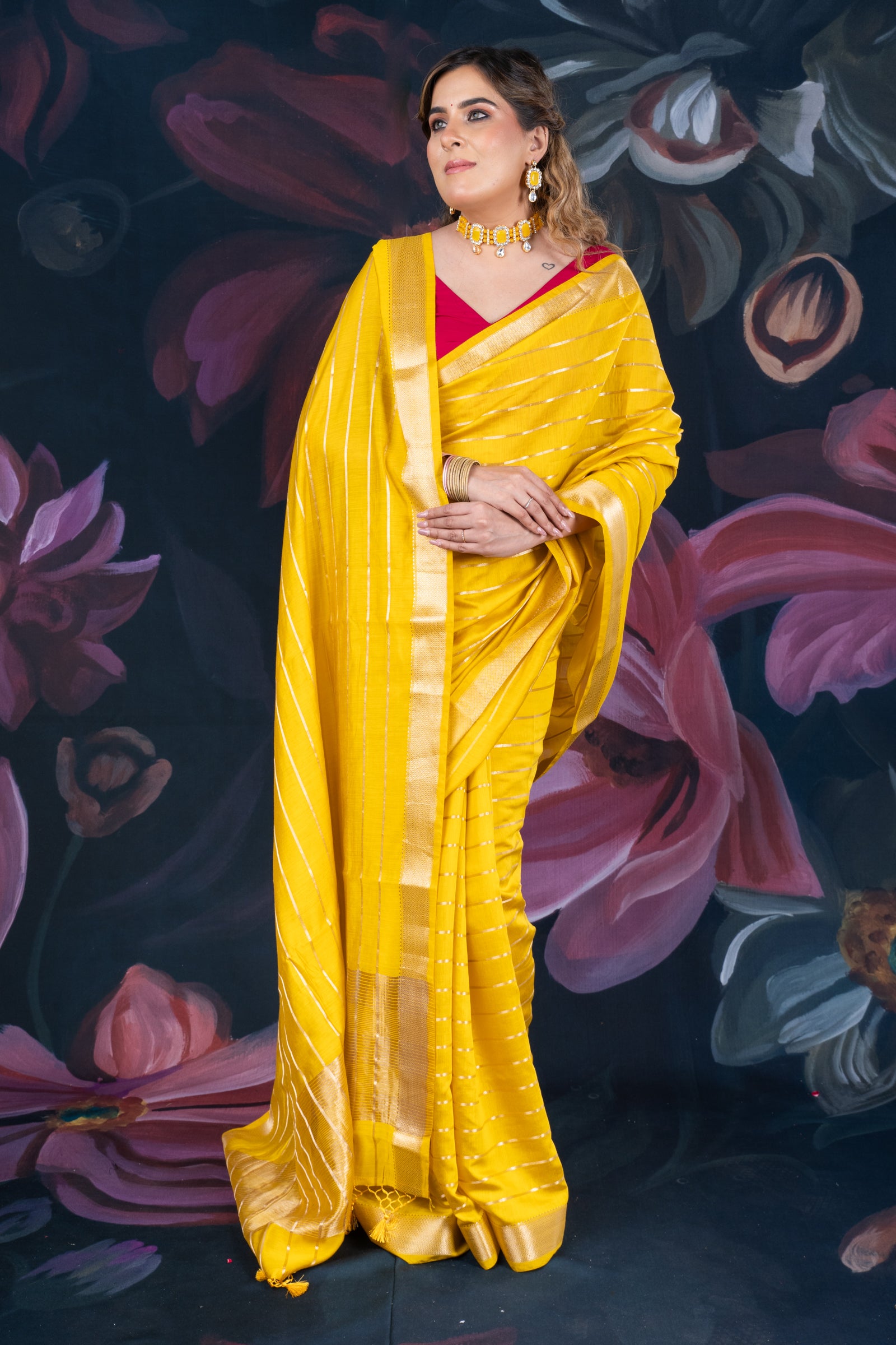 Sunflower Yellow Assam Silk Saree with Zari Woven Lines and Chit Pallu