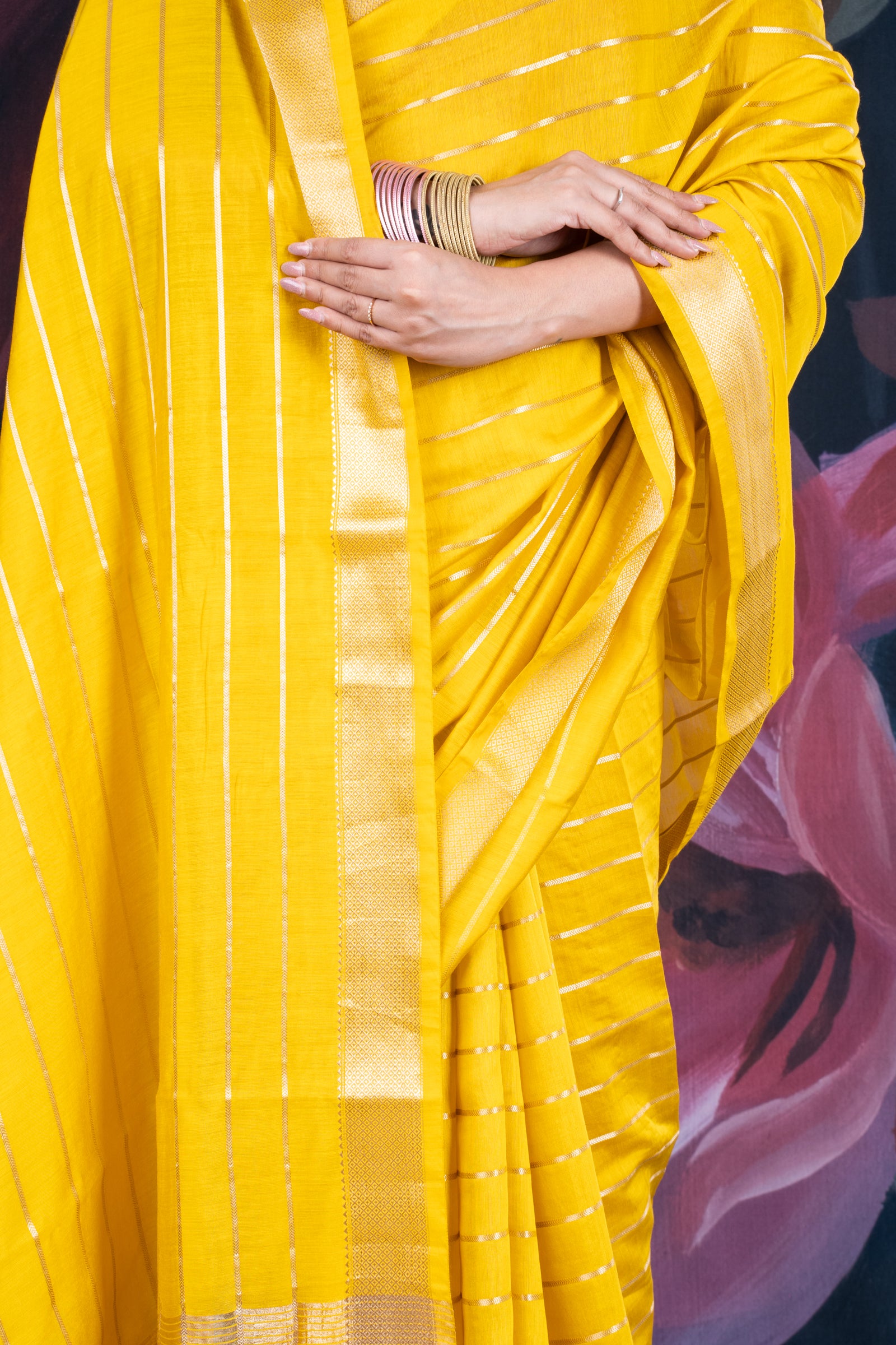 Sunflower Yellow Assam Silk Saree with Zari Woven Lines and Chit Pallu