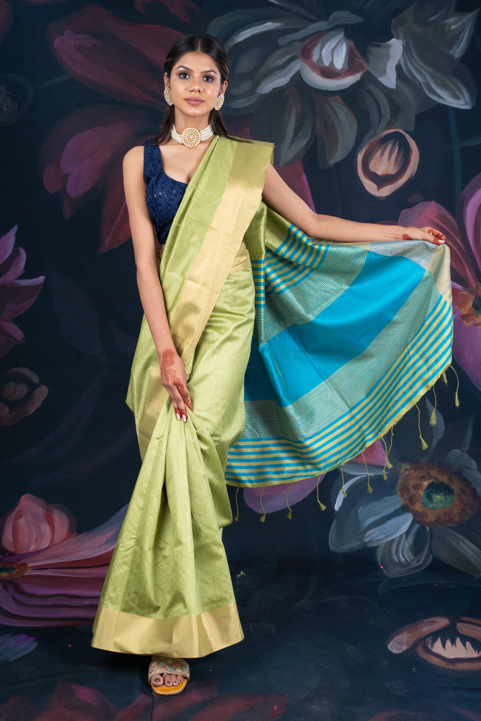 Mint Green Semi-Raw Silk Saree with Tissue Border and Chit Pallu