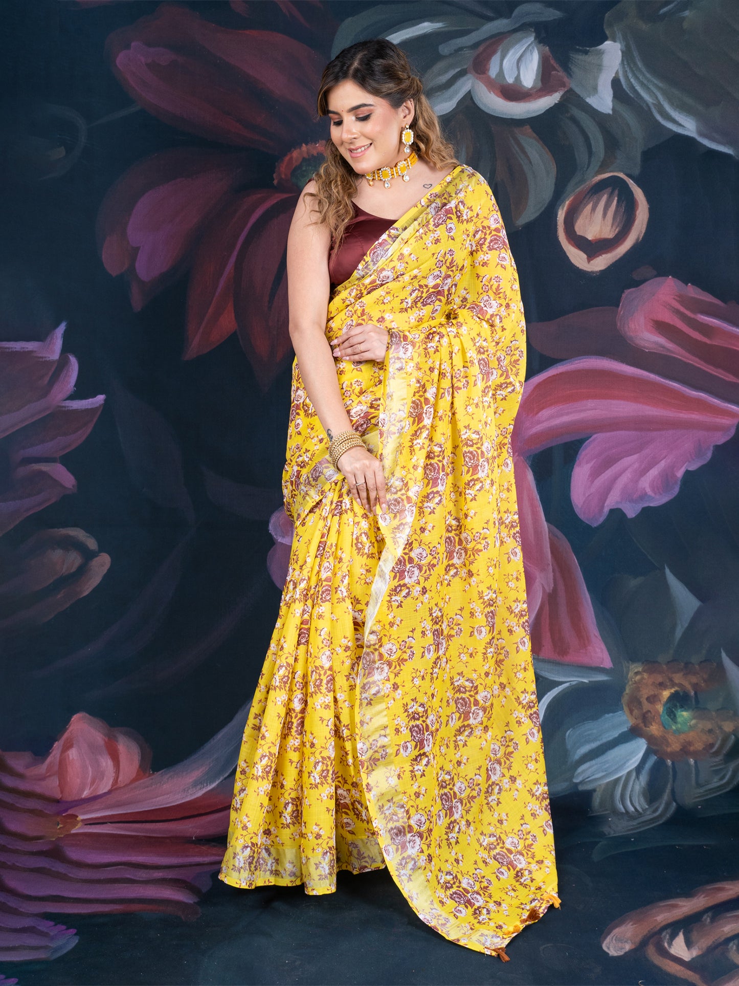 Mustard Yellow Linen Cotton Tissue Saree