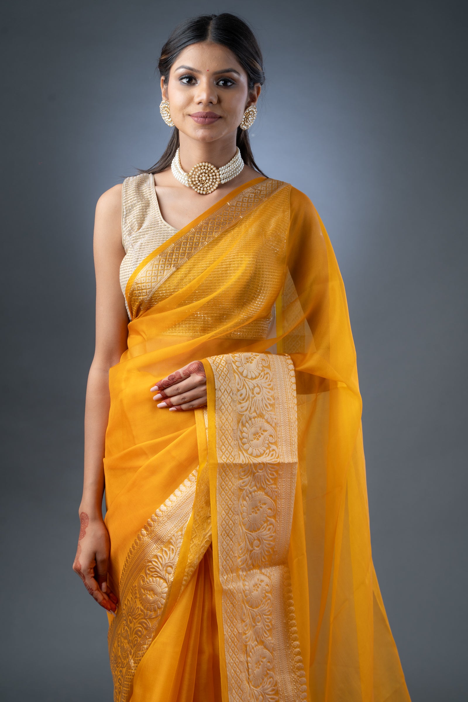 Banarasi Elegance Mustard Yellow Organza Saree