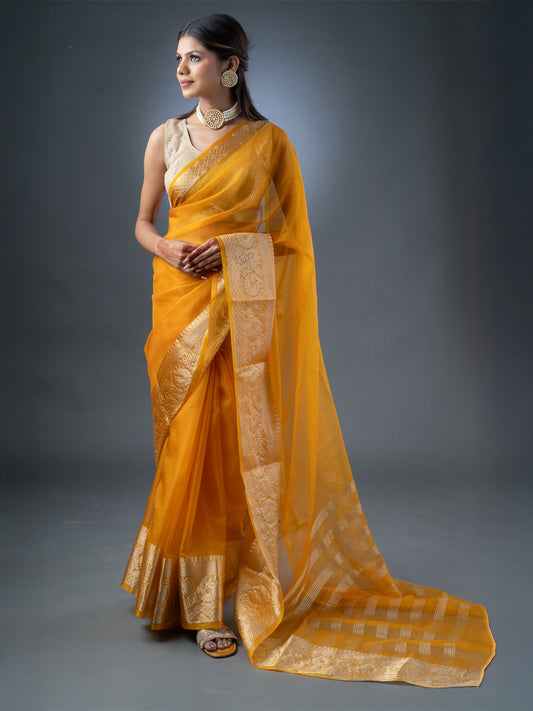 Mustard Yellow Banarasi Organza Saree