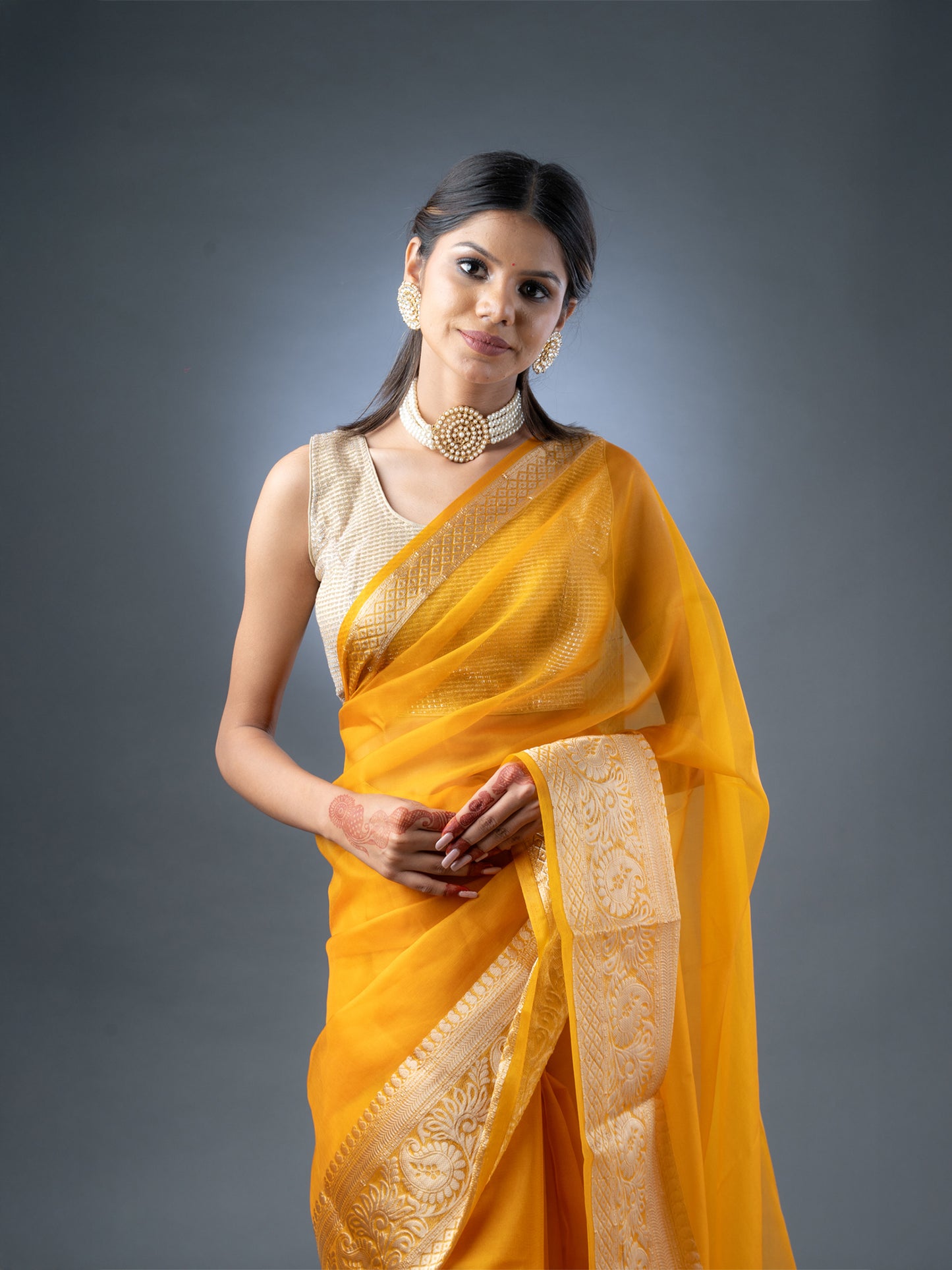 Mustard Yellow Banarasi Organza Saree