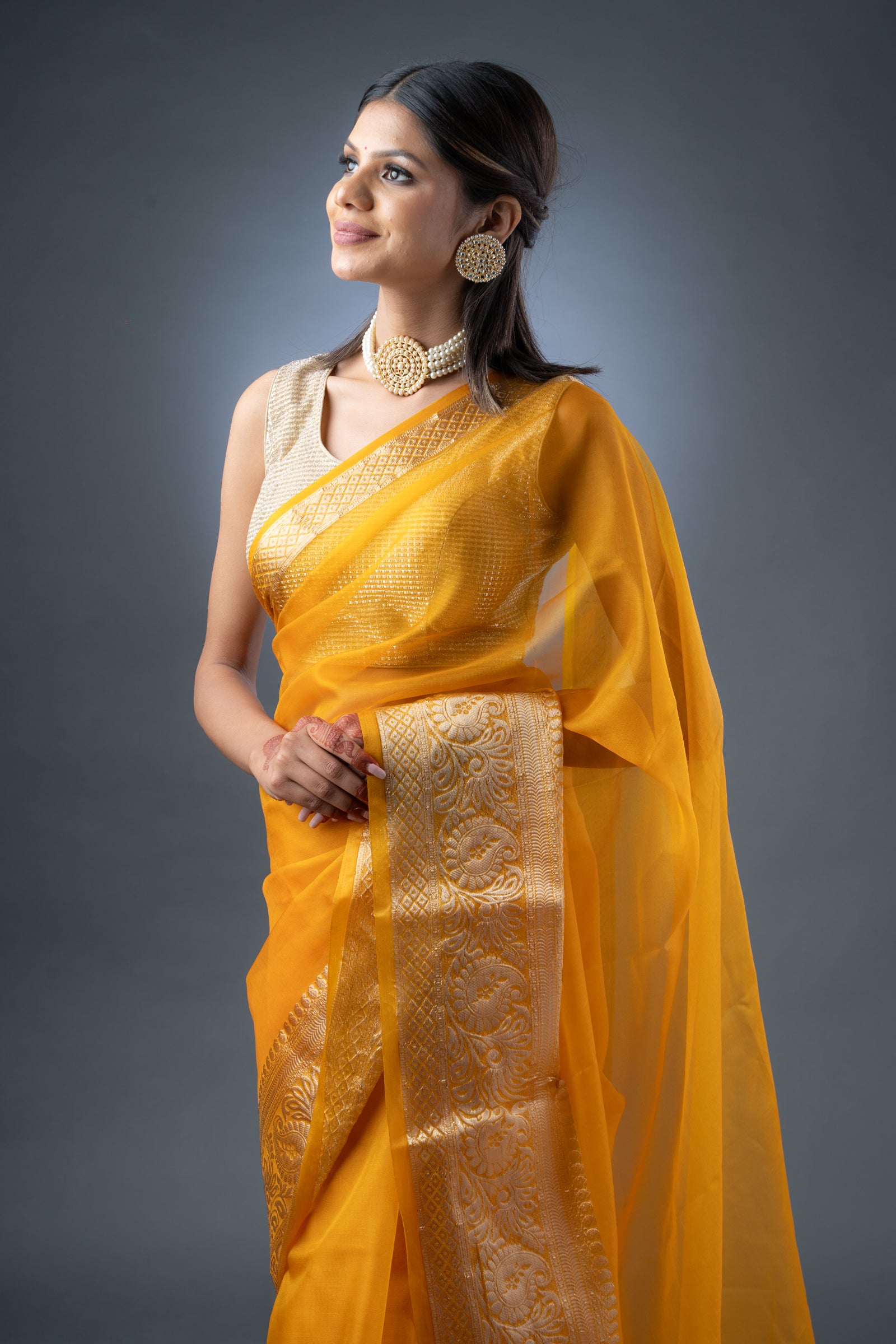 Banarasi Elegance Mustard Yellow Organza Saree