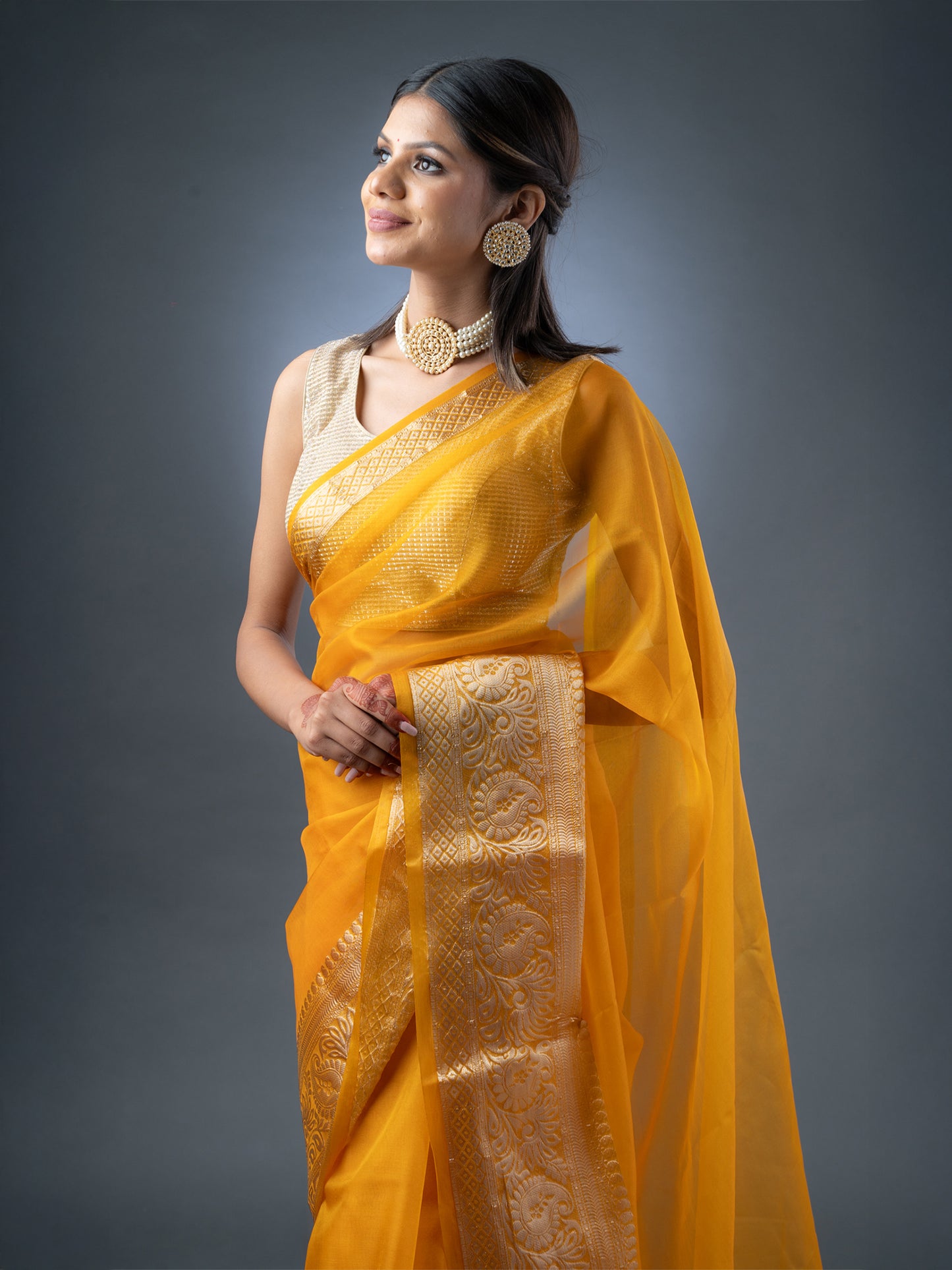 Mustard Yellow Banarasi Organza Saree