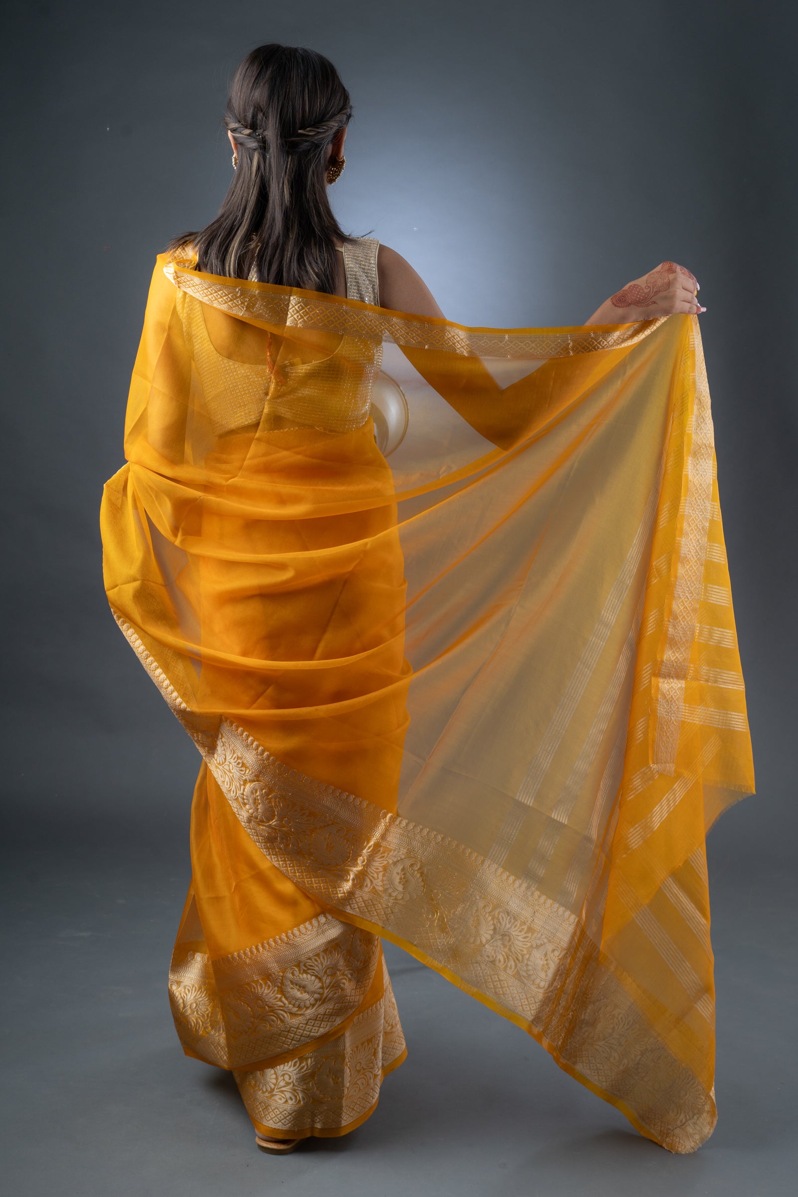 Banarasi Elegance Mustard Yellow Organza Saree