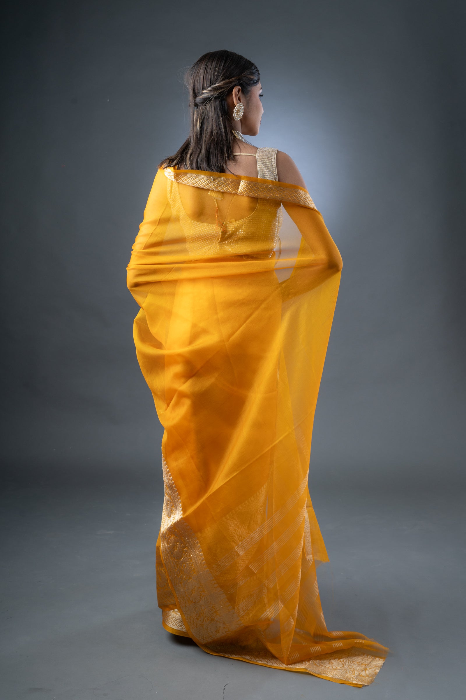 Banarasi Elegance Mustard Yellow Organza Saree