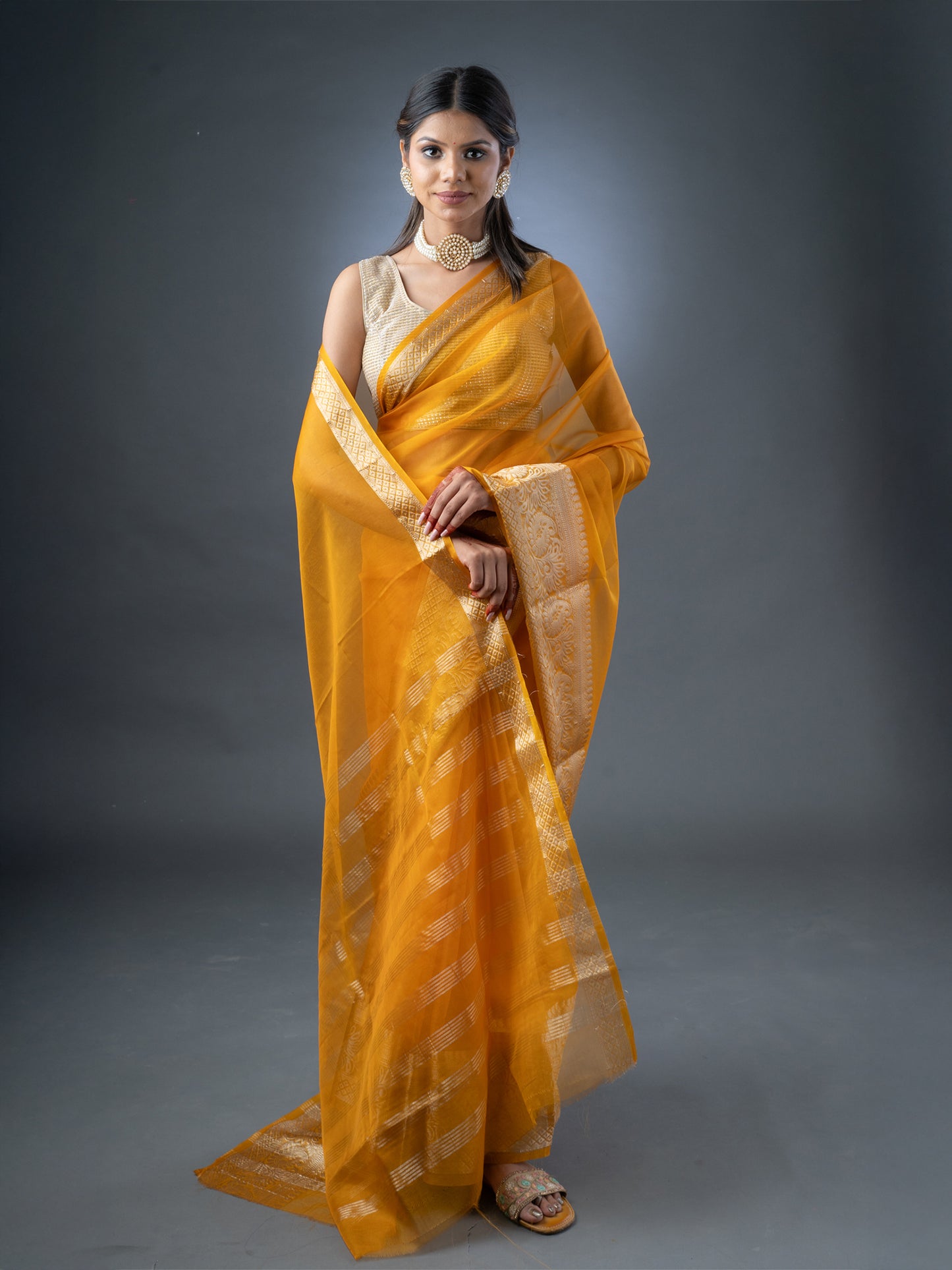 Mustard Yellow Banarasi Organza Saree