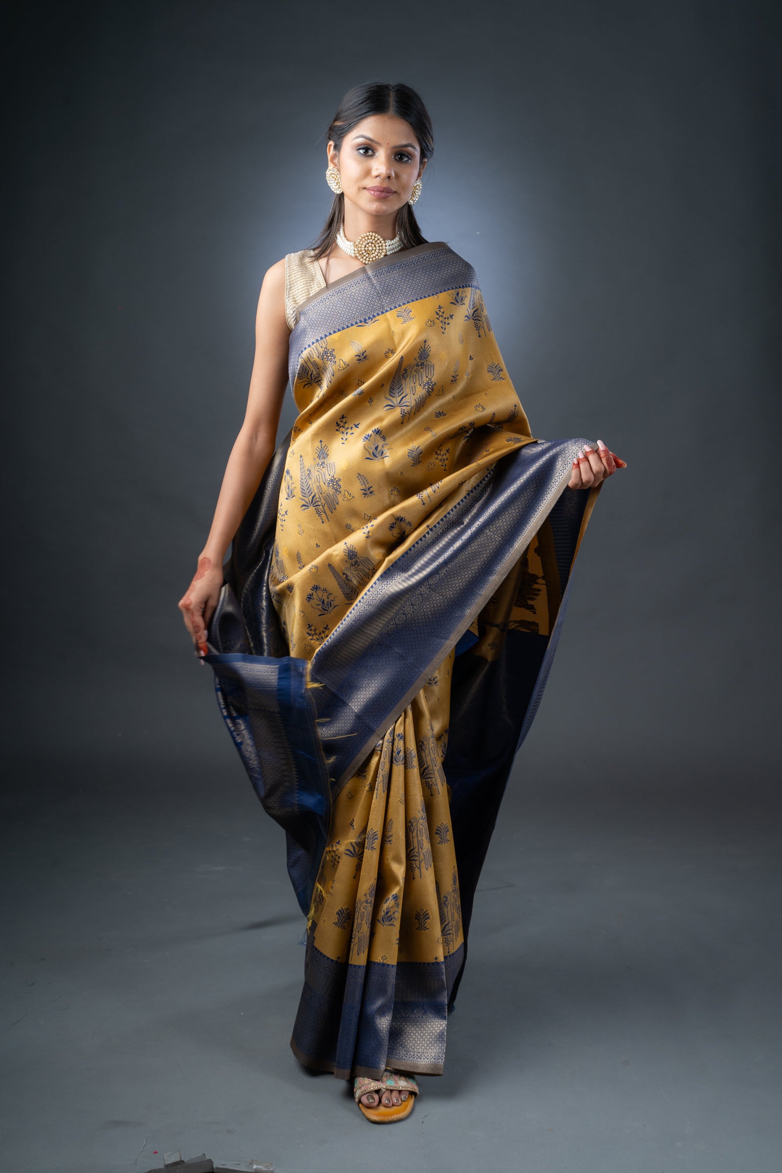 Royal Mustard and Blue Semi-Silk Saree