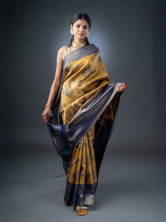 Mustard and Blue Semi-Silk Saree