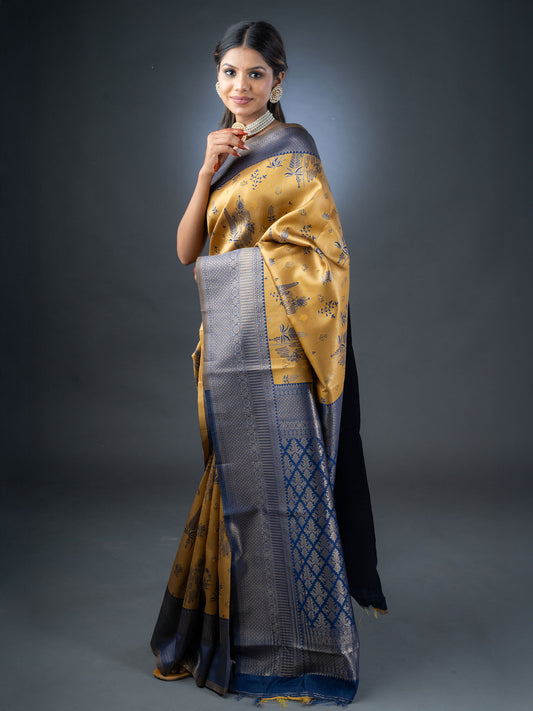 Mustard and Blue Semi-Silk Saree
