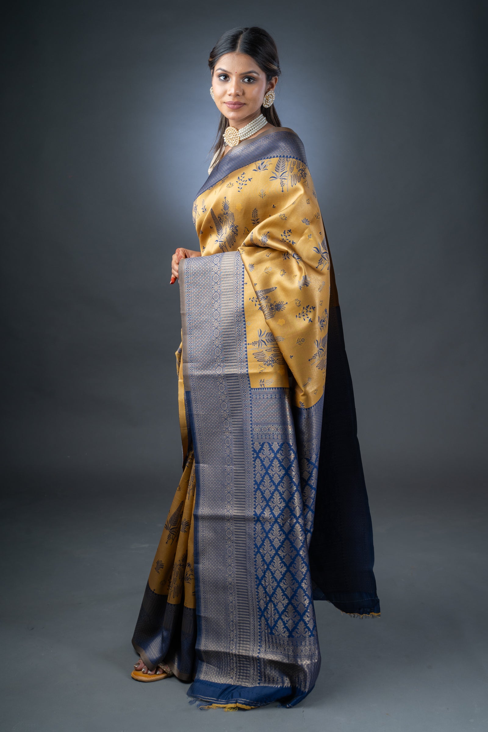 Royal Mustard and Blue Semi-Silk Saree