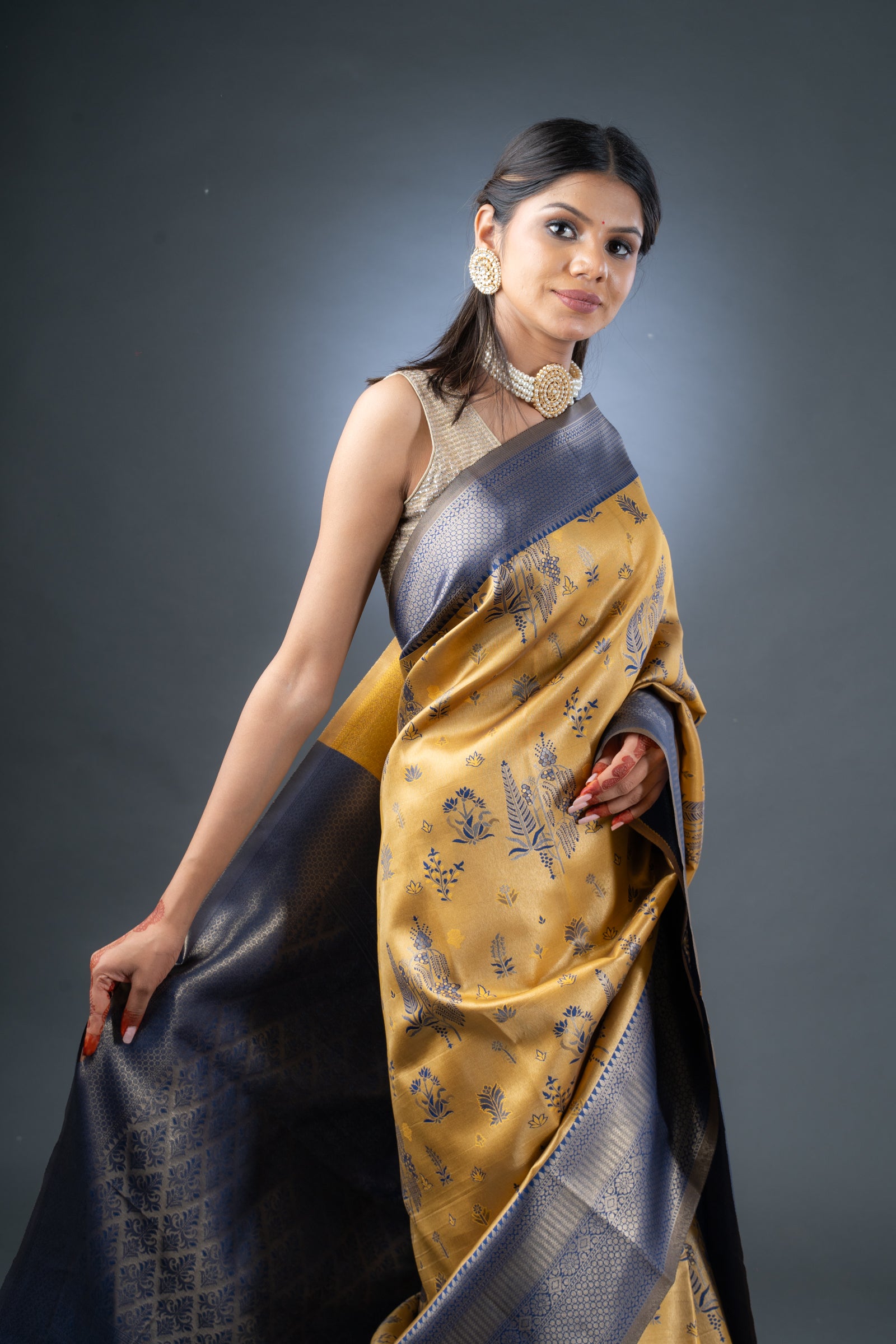 Royal Mustard and Blue Semi-Silk Saree