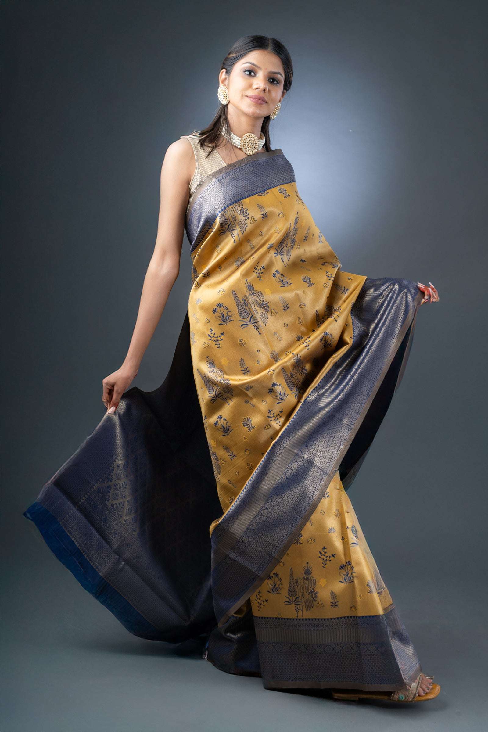 Royal Mustard and Blue Semi-Silk Saree