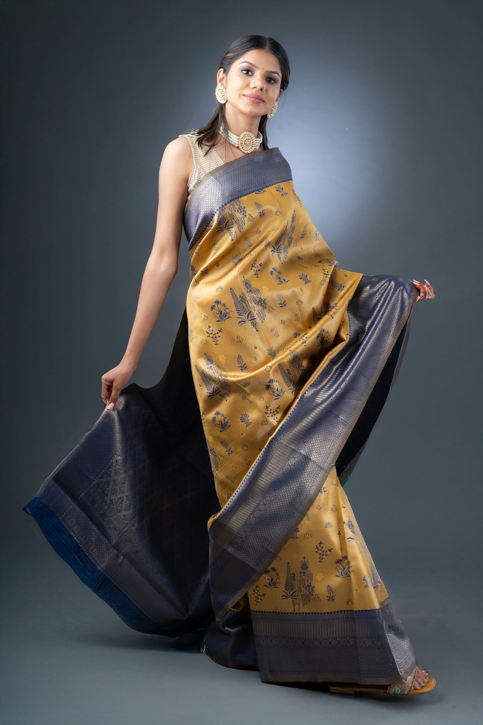 Royal Mustard and Blue Semi-Silk Saree