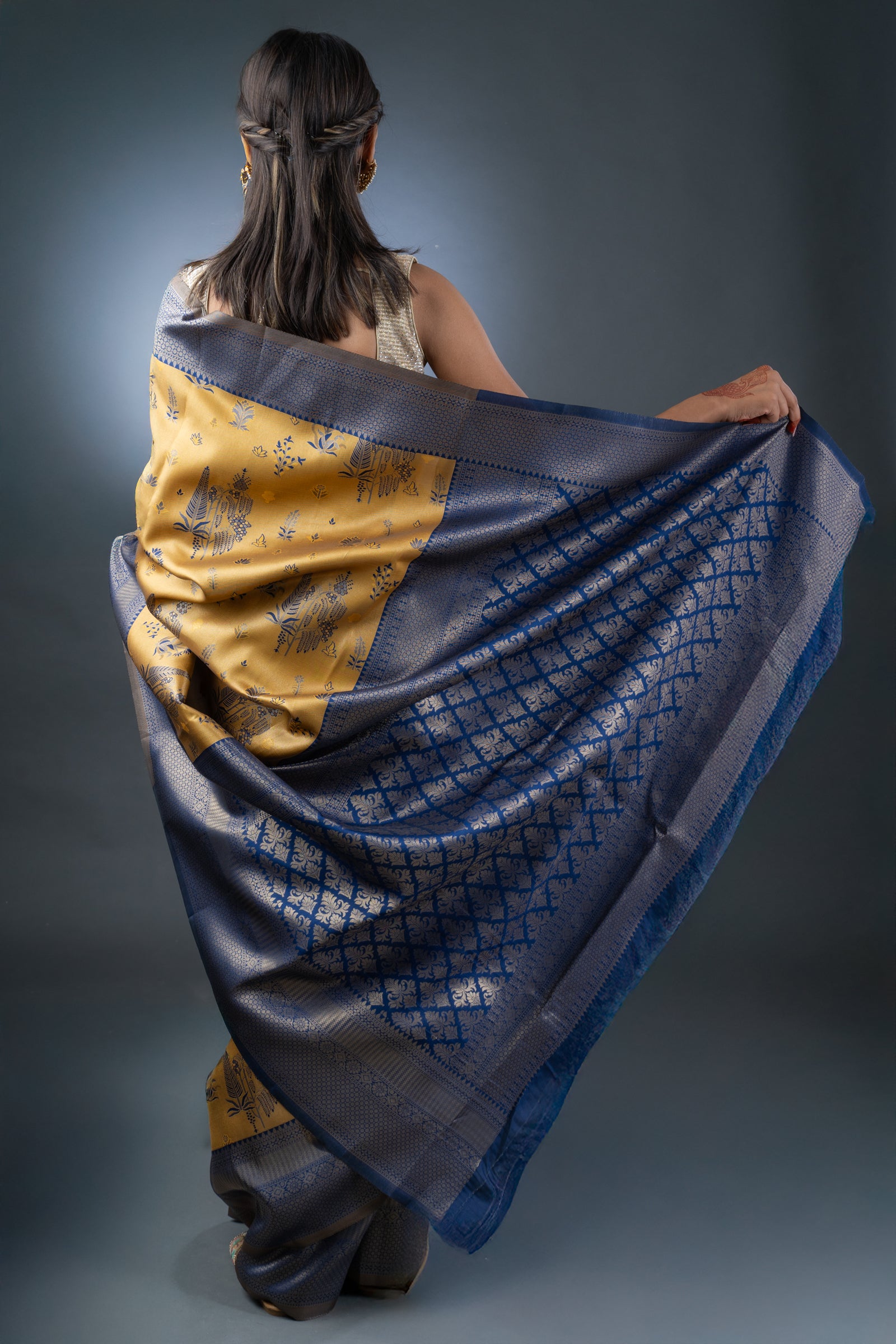 Royal Mustard and Blue Semi-Silk Saree