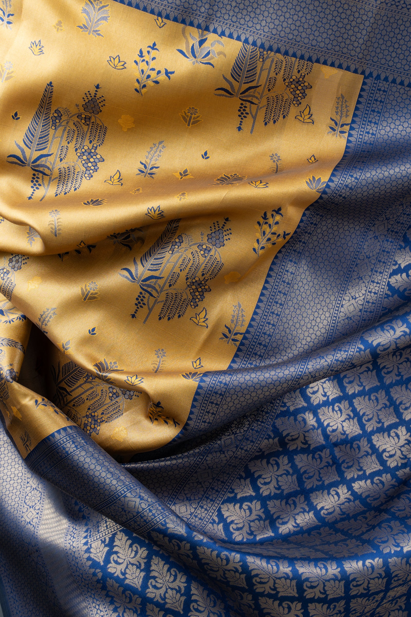 Royal Mustard and Blue Semi-Silk Saree