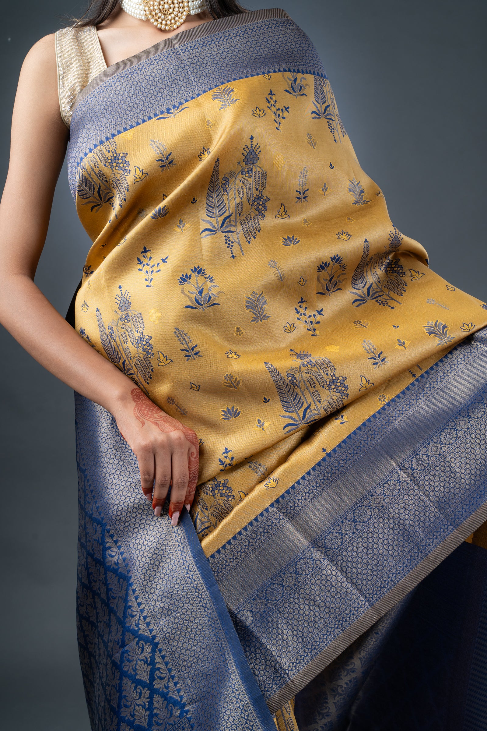 Royal Mustard and Blue Semi-Silk Saree