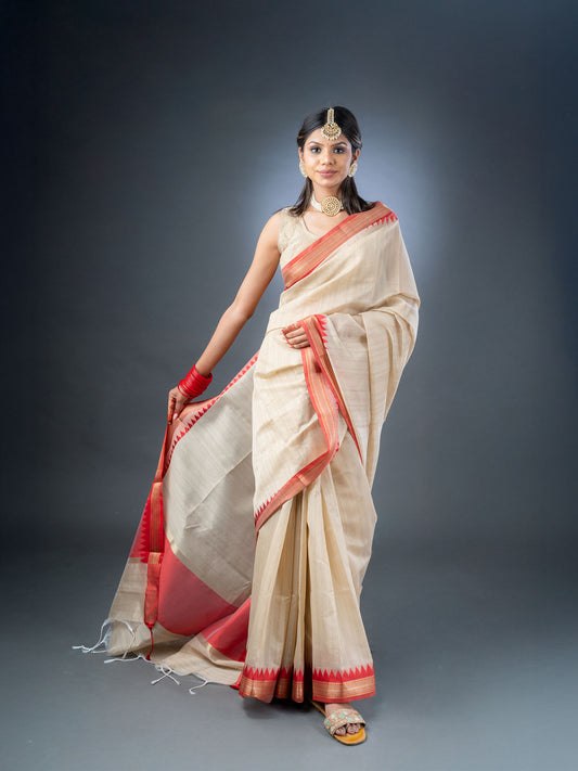 Beige Chanderi Cotton Tussar Saree