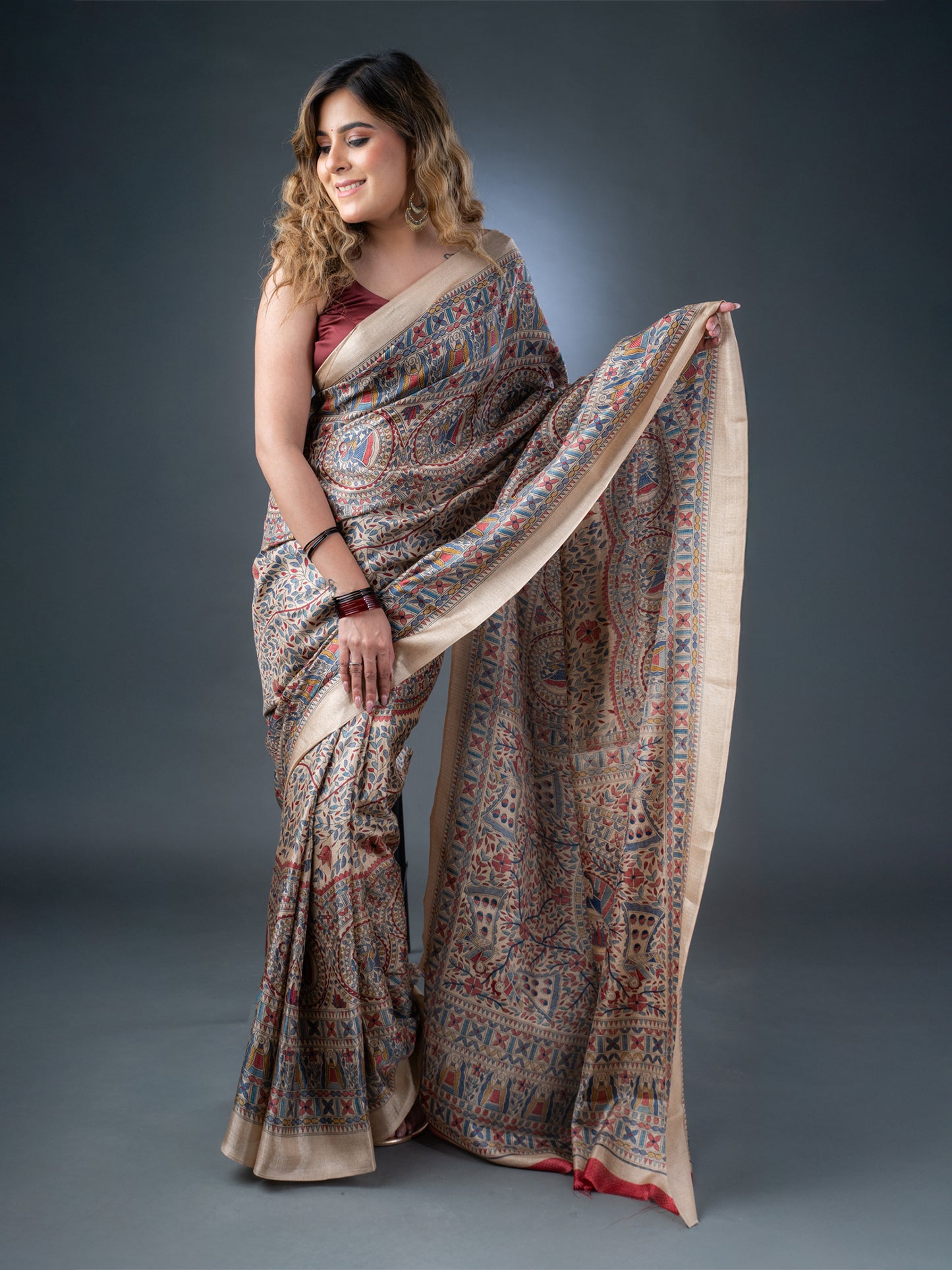 Beige and Red Matka Silk Saree