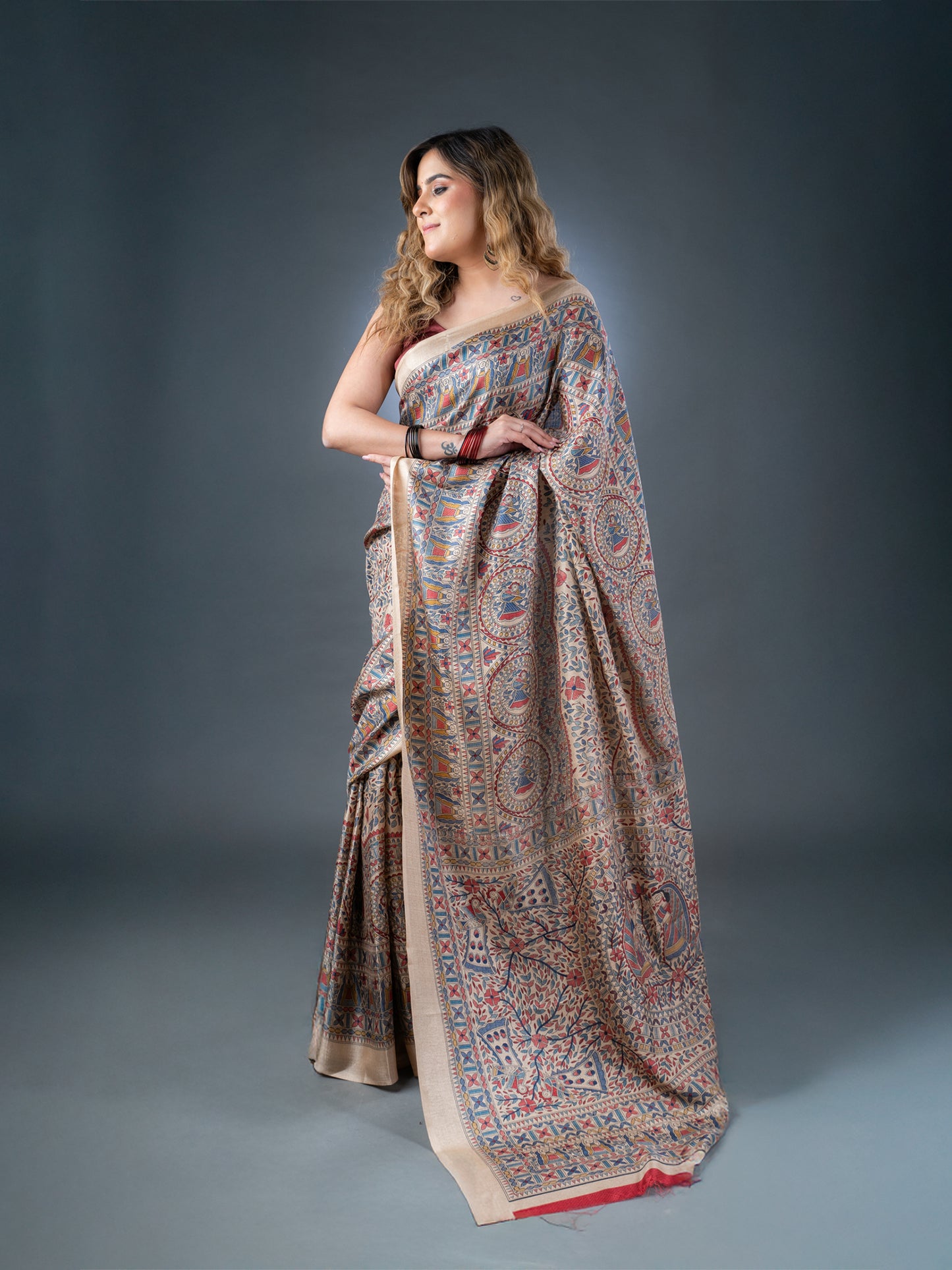 Beige and Red Matka Silk Saree