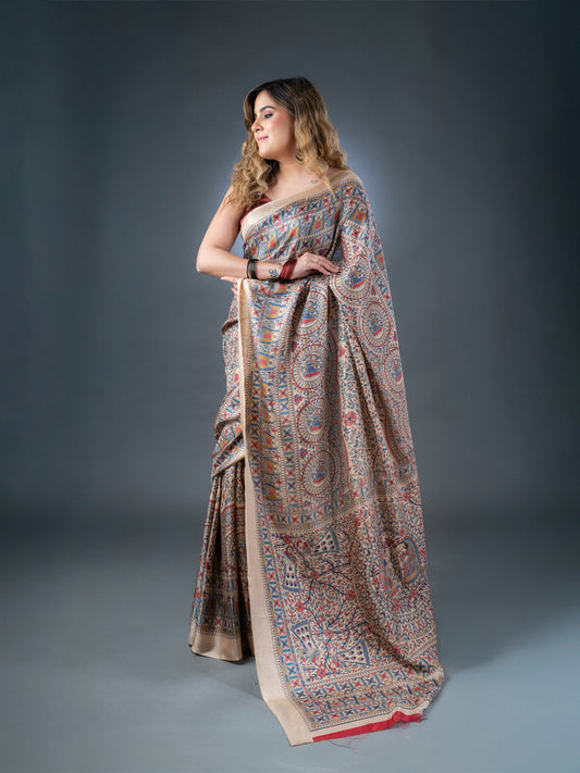 Beige and Red Matka Silk Saree