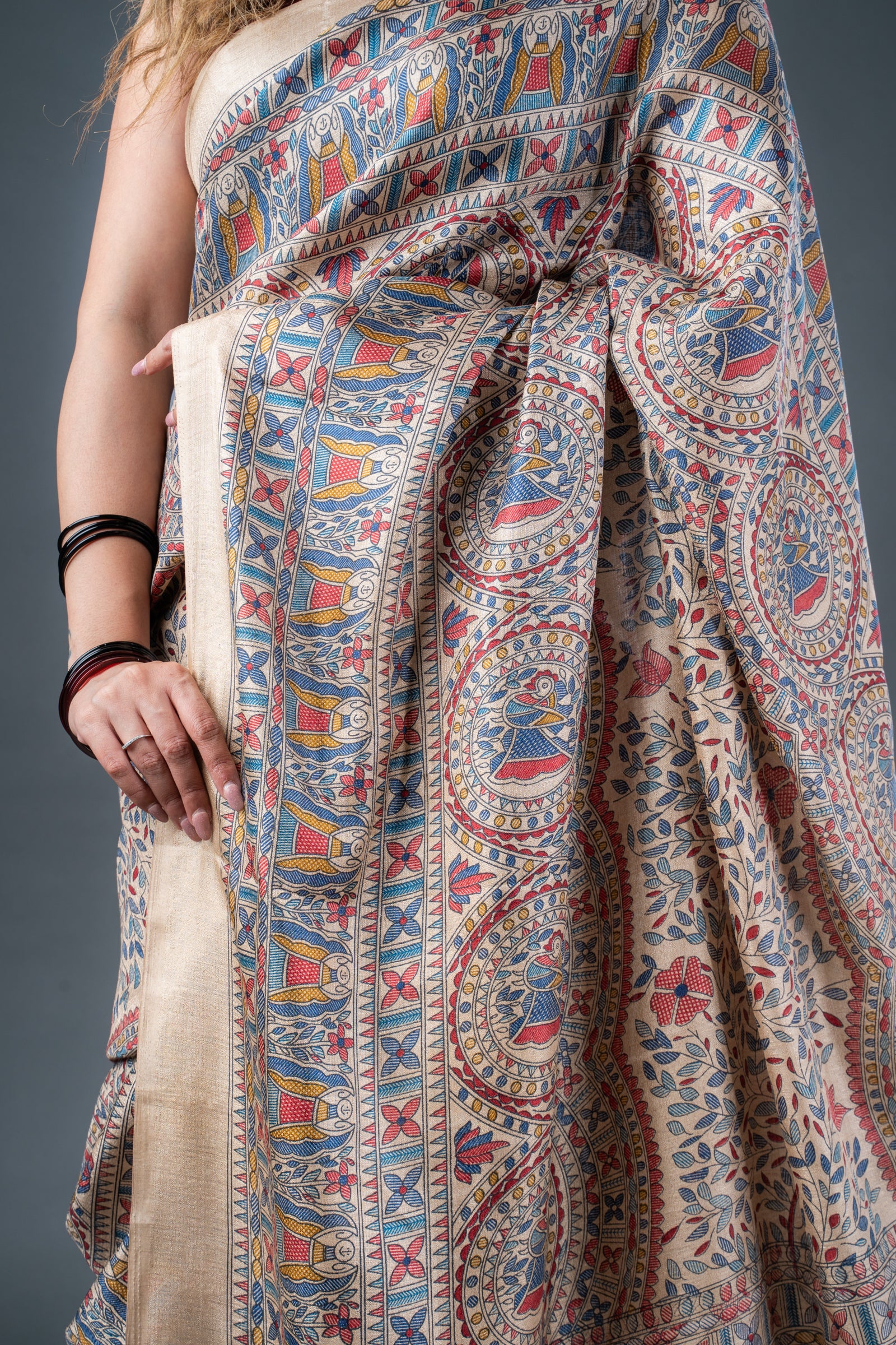 Madhubani Artistry Beige and Red Matka Silk Saree