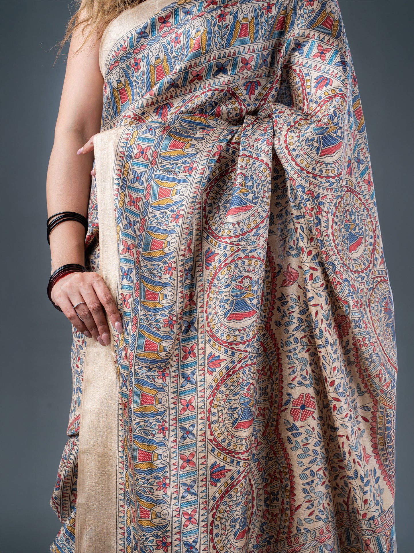 Beige and Red Matka Silk Saree