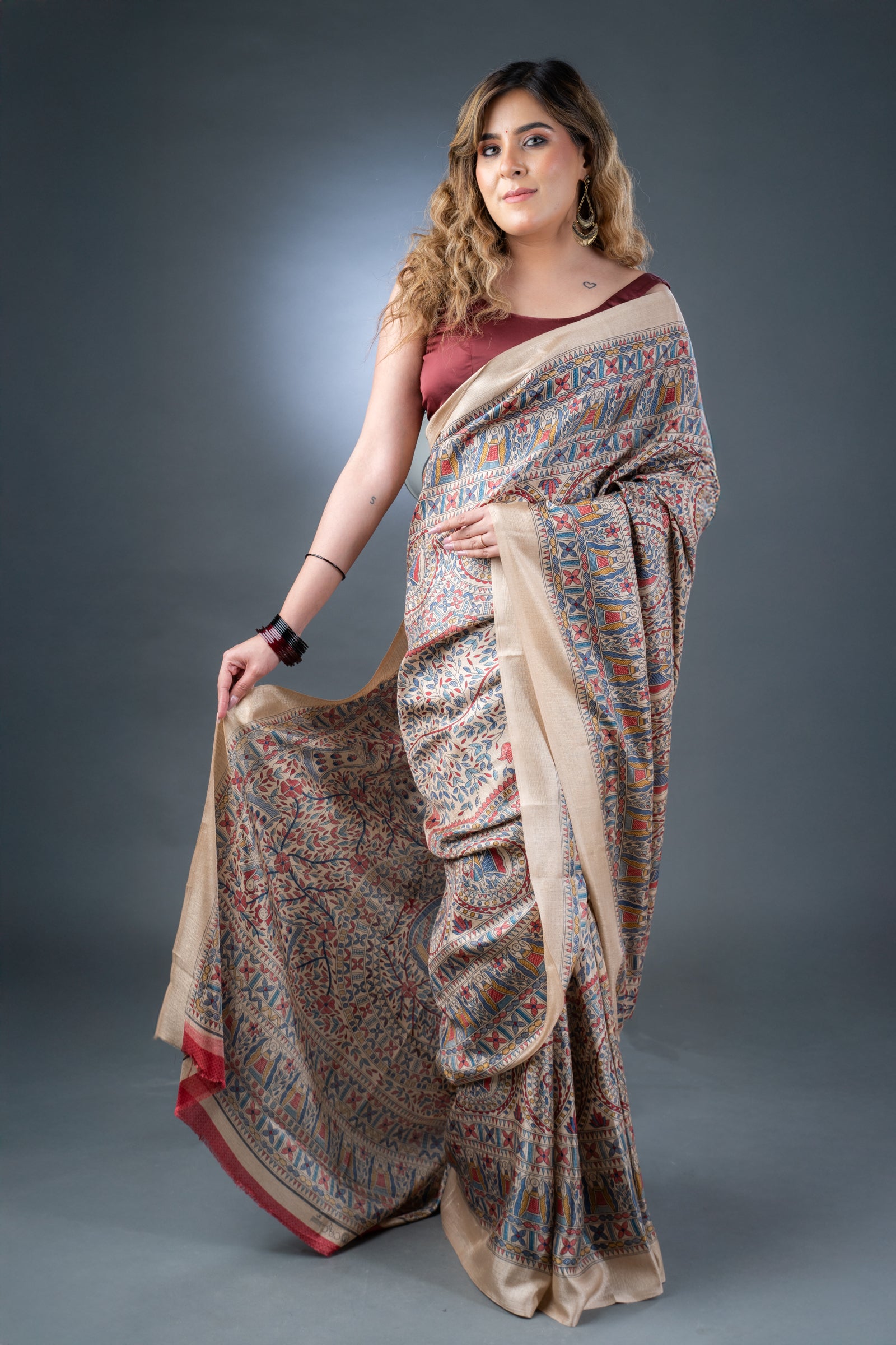 Madhubani Artistry Beige and Red Matka Silk Saree